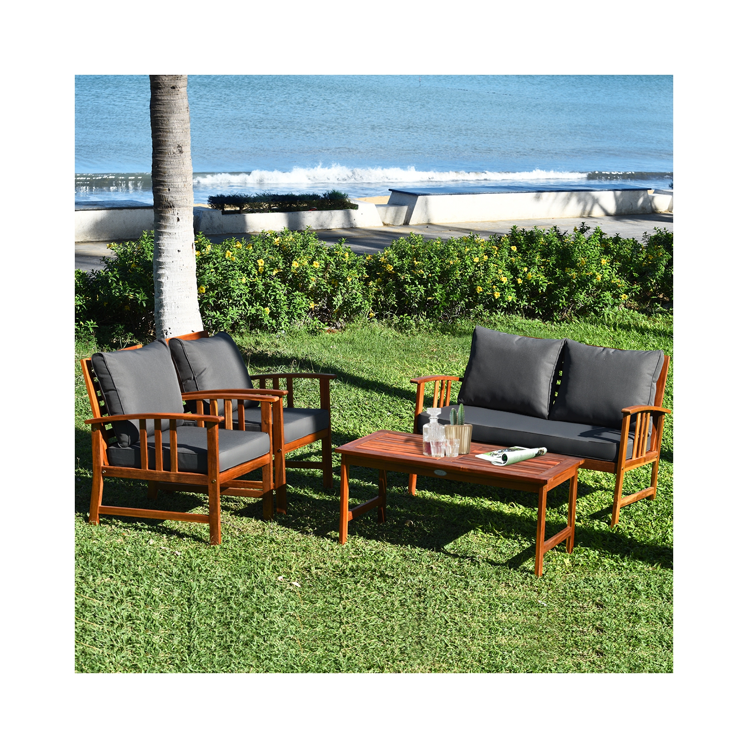 Costway 4PCS Wooden Patio Furniture Set Table Sofa Chair Cushioned Garden NEW