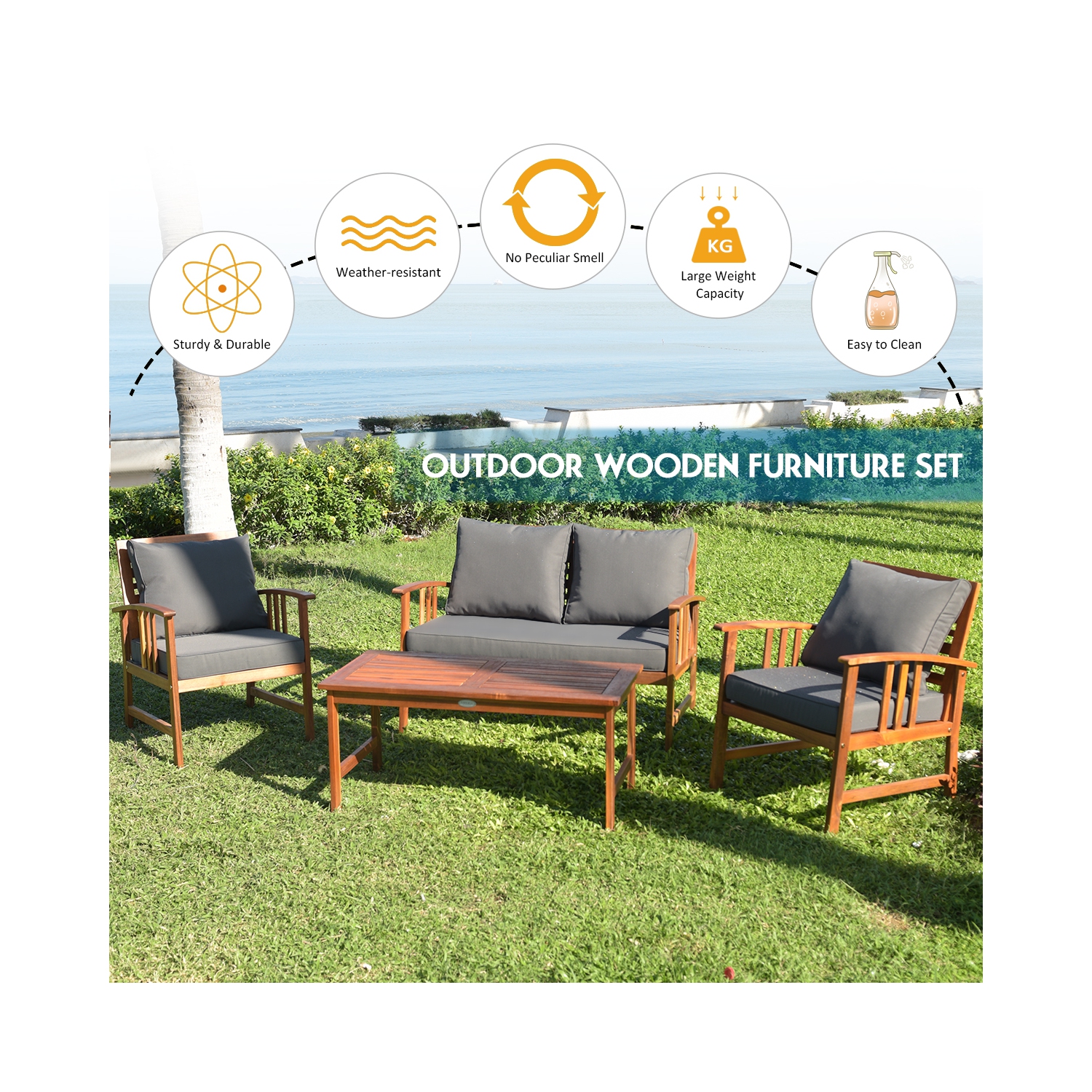 Costway 4PCS Wooden Patio Furniture Set Table Sofa Chair Cushioned Garden NEW