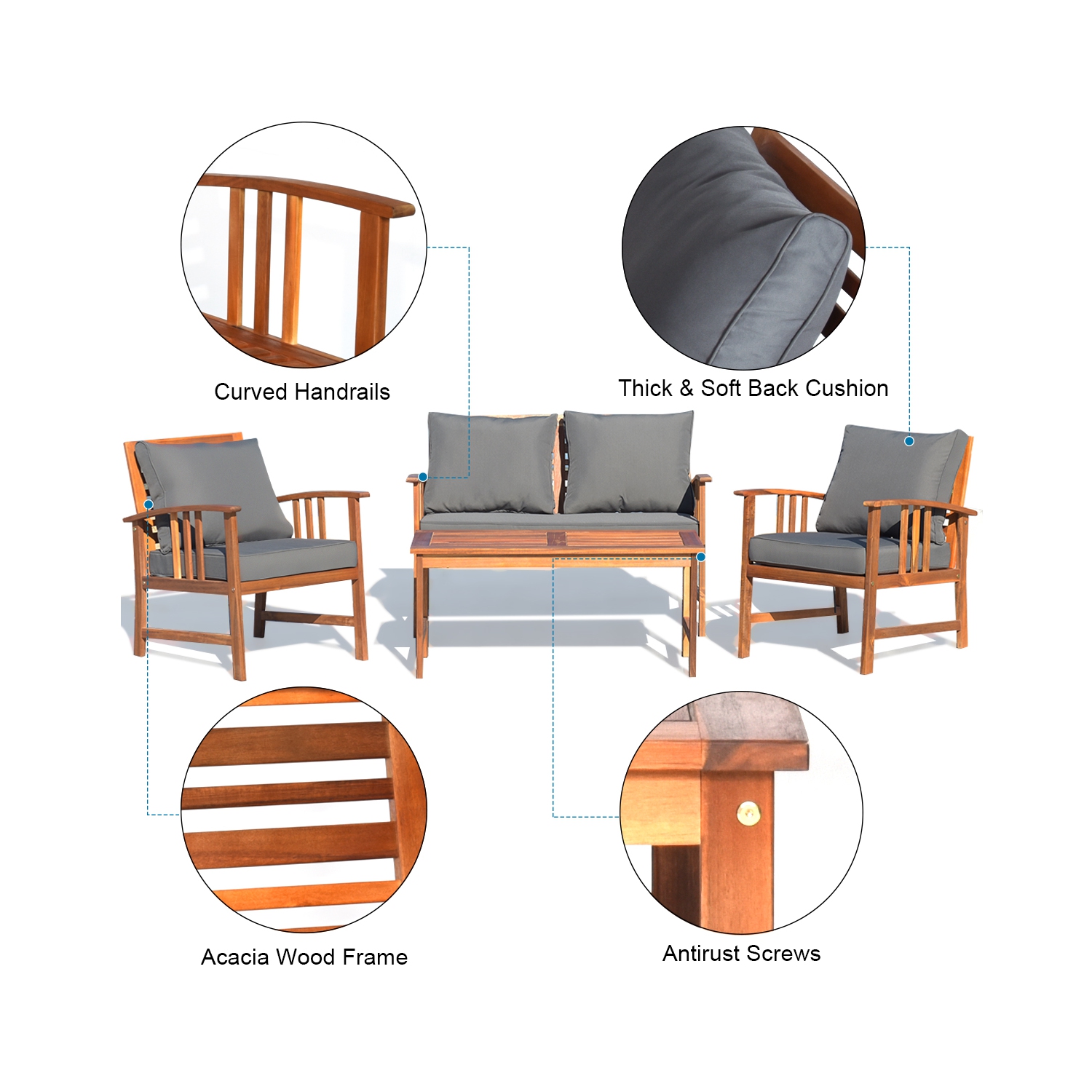 Costway 4PCS Wooden Patio Furniture Set Table Sofa Chair Cushioned Garden NEW