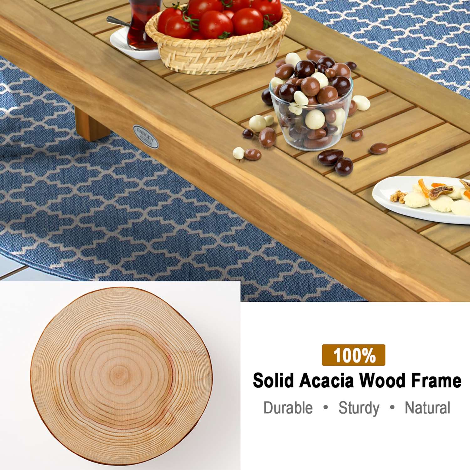 Costway 52'' Outdoor Acacia Wood Dining Bench Chair with Slatted Seat