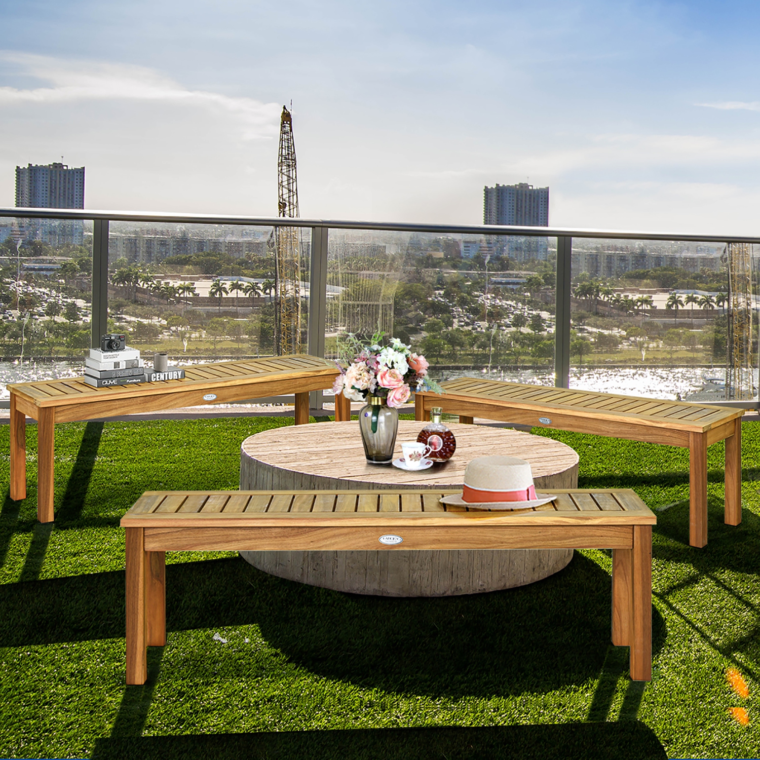 Costway 52'' Outdoor Acacia Wood Dining Bench Chair with Slatted Seat