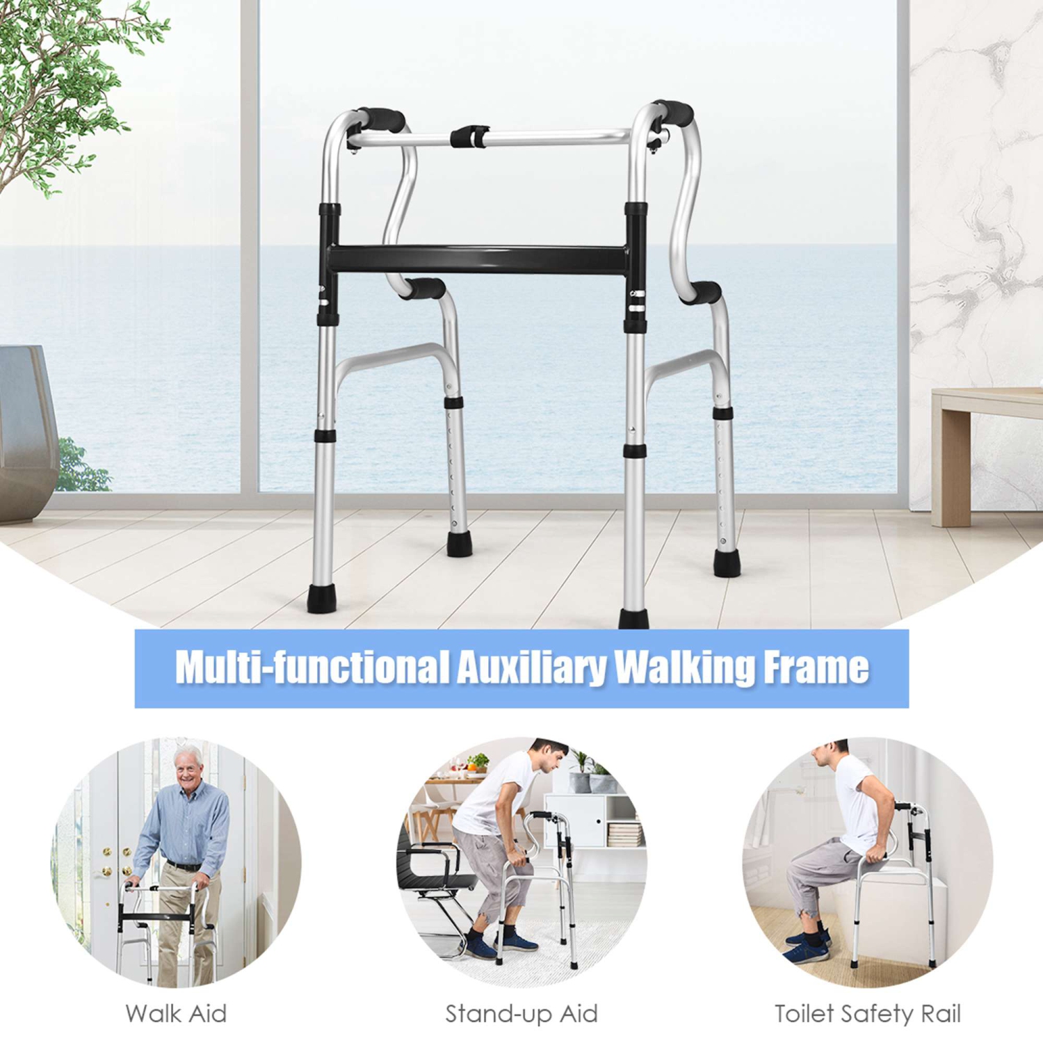 Cadre de marche pliable à un bouton en aluminium avec hauteur réglable de Costway