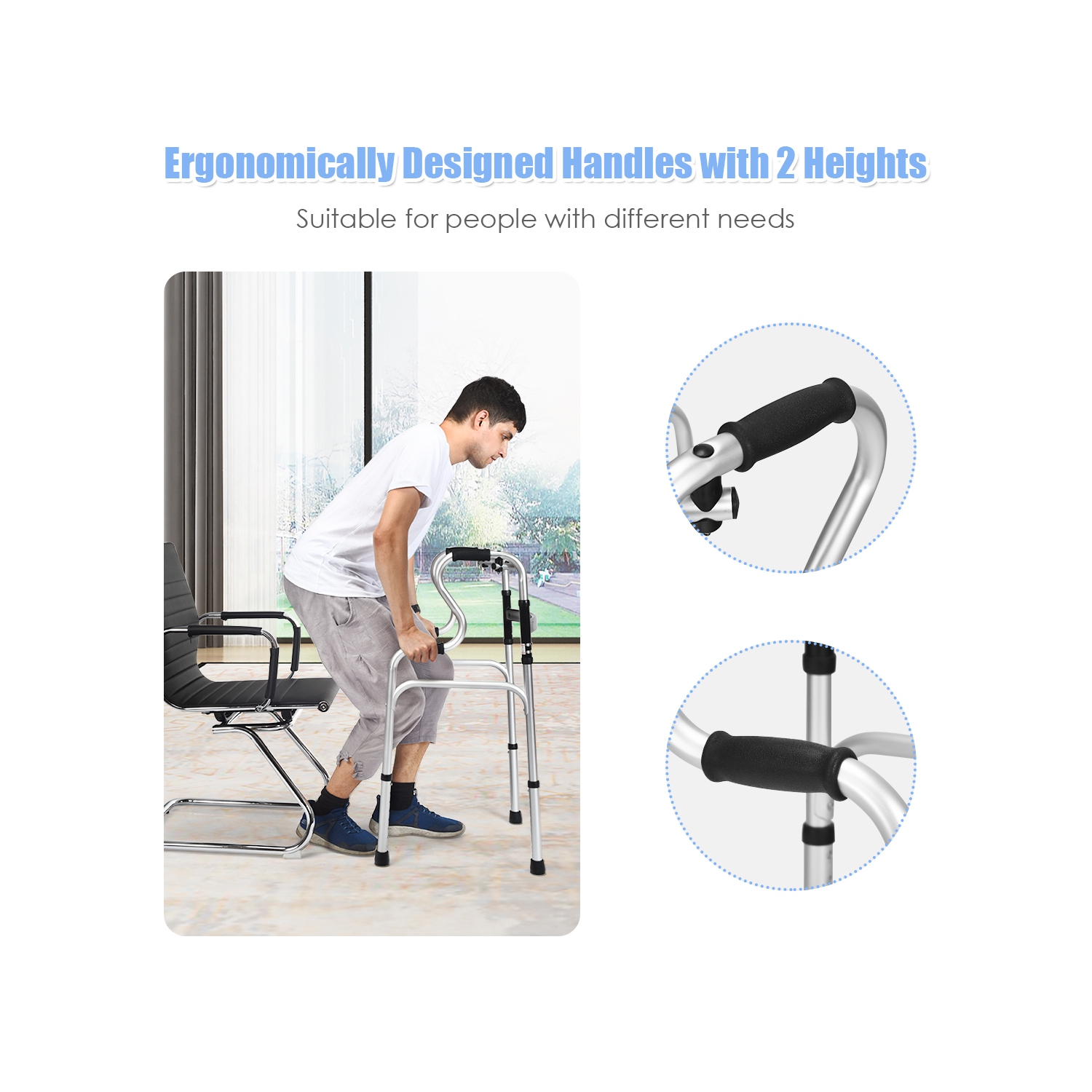 Cadre de marche pliable à un bouton en aluminium avec hauteur réglable de Costway