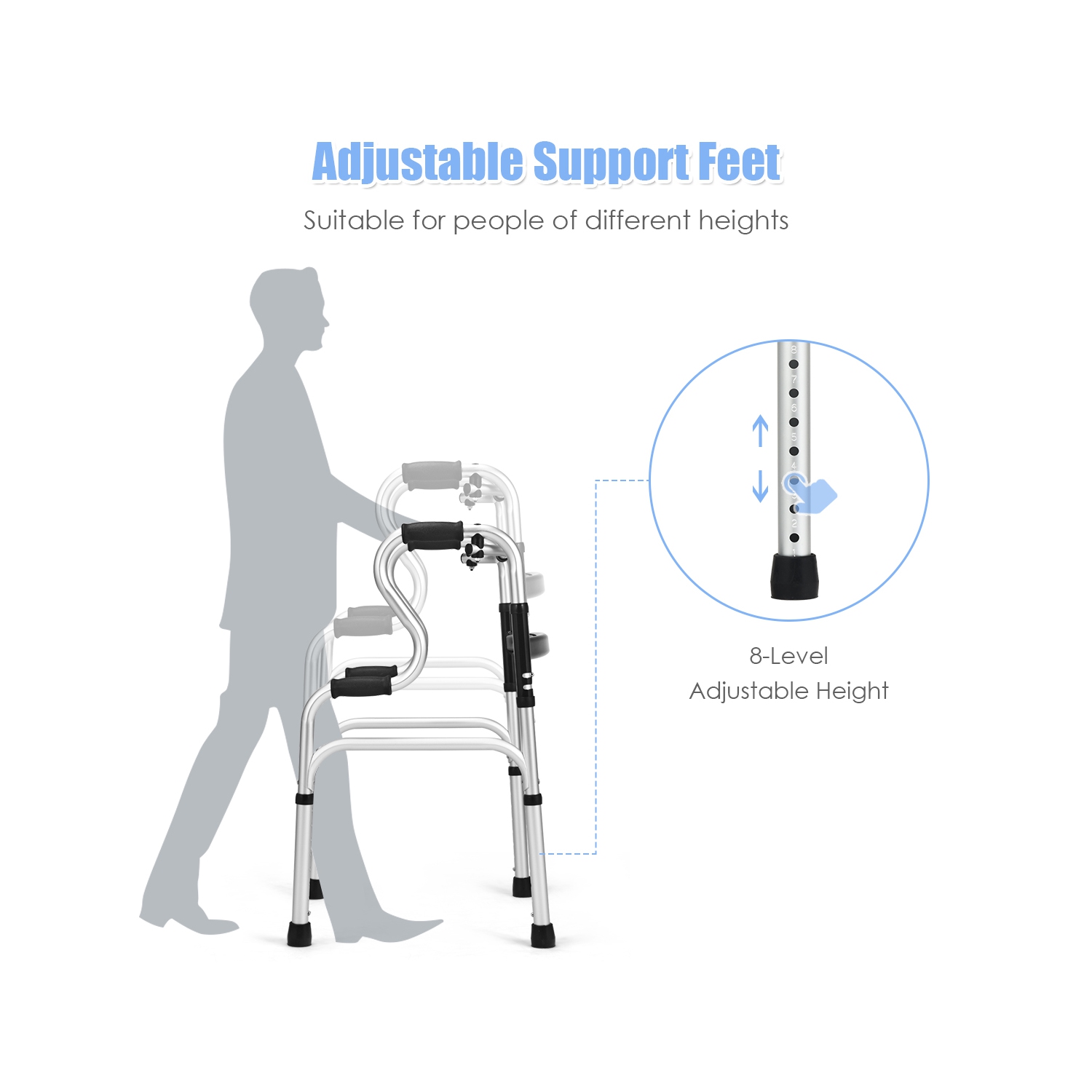 Cadre de marche pliable à un bouton en aluminium avec hauteur réglable de Costway
