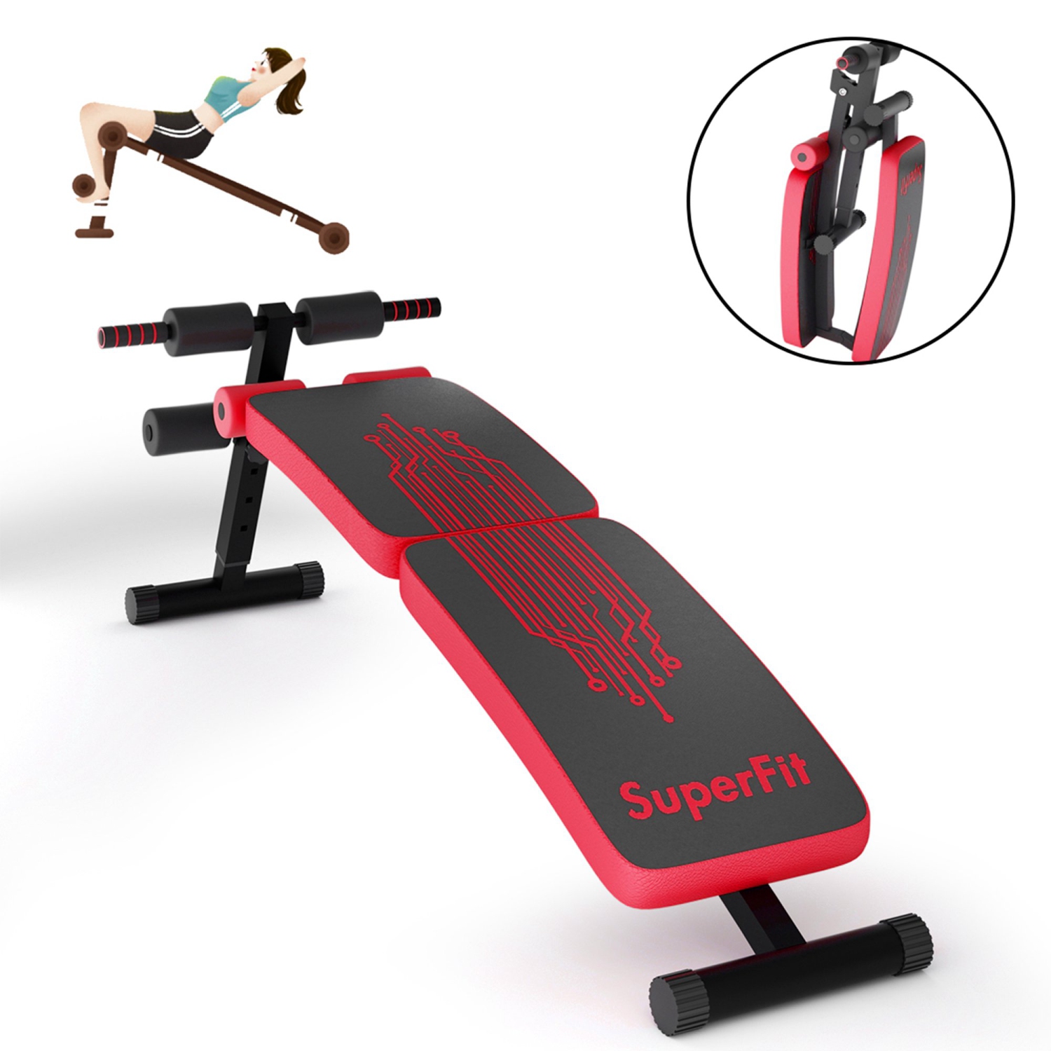 SuperFit Folding Weight Bench Adjustable Sit-up Board Curved Decline Bench