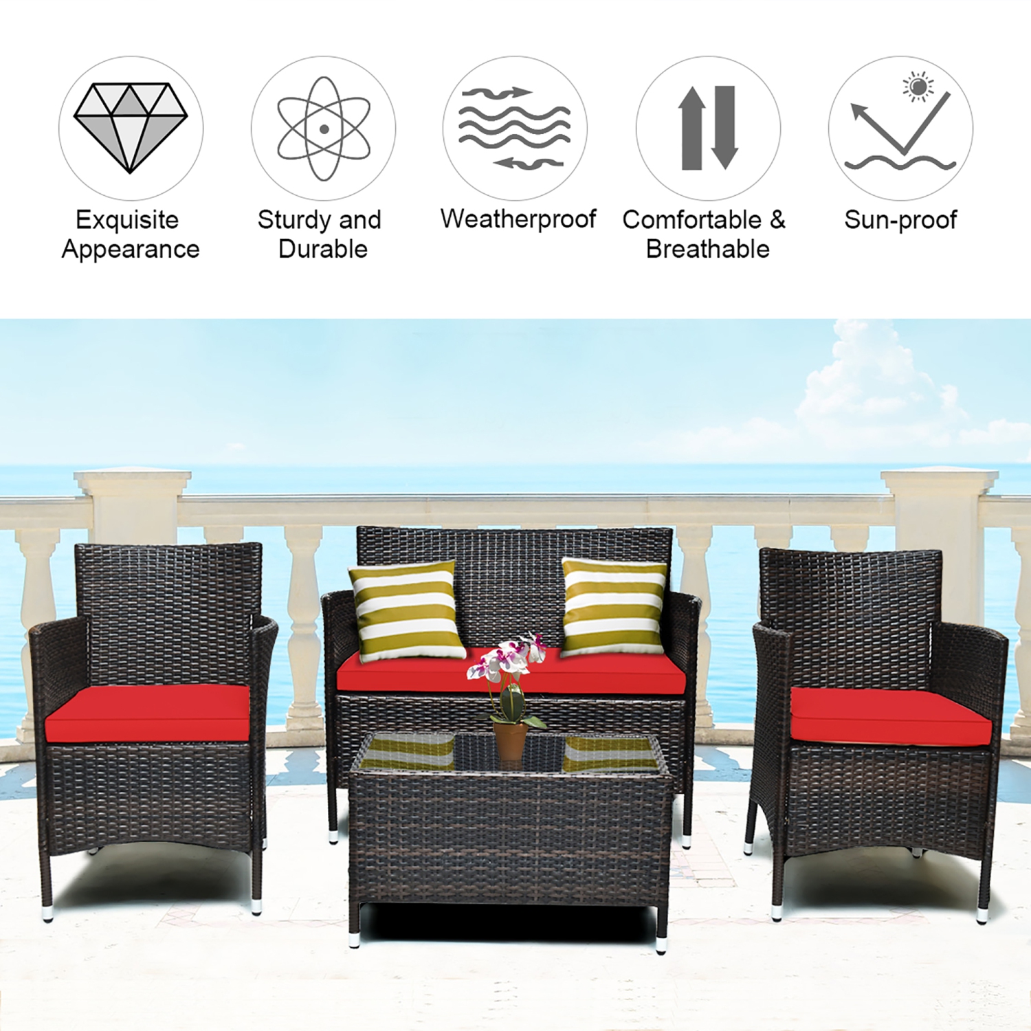 Costway 8PCS Rattan Patio Furniture Set Cushioned Sofa Chair Coffee Table