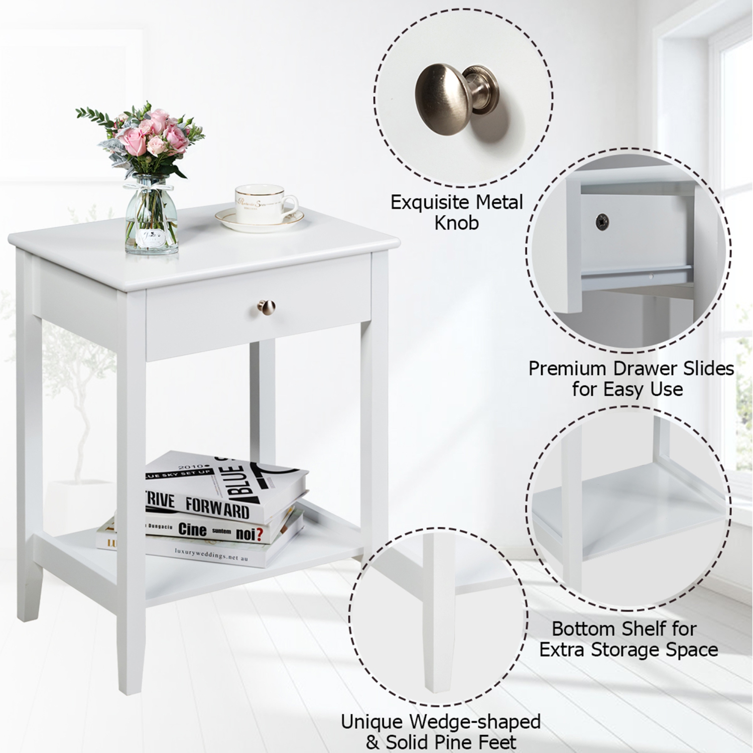 Gymax 2PCS Nightstand Sofa Side End Table Bedroom Living Room w/ Shelf Drawer White