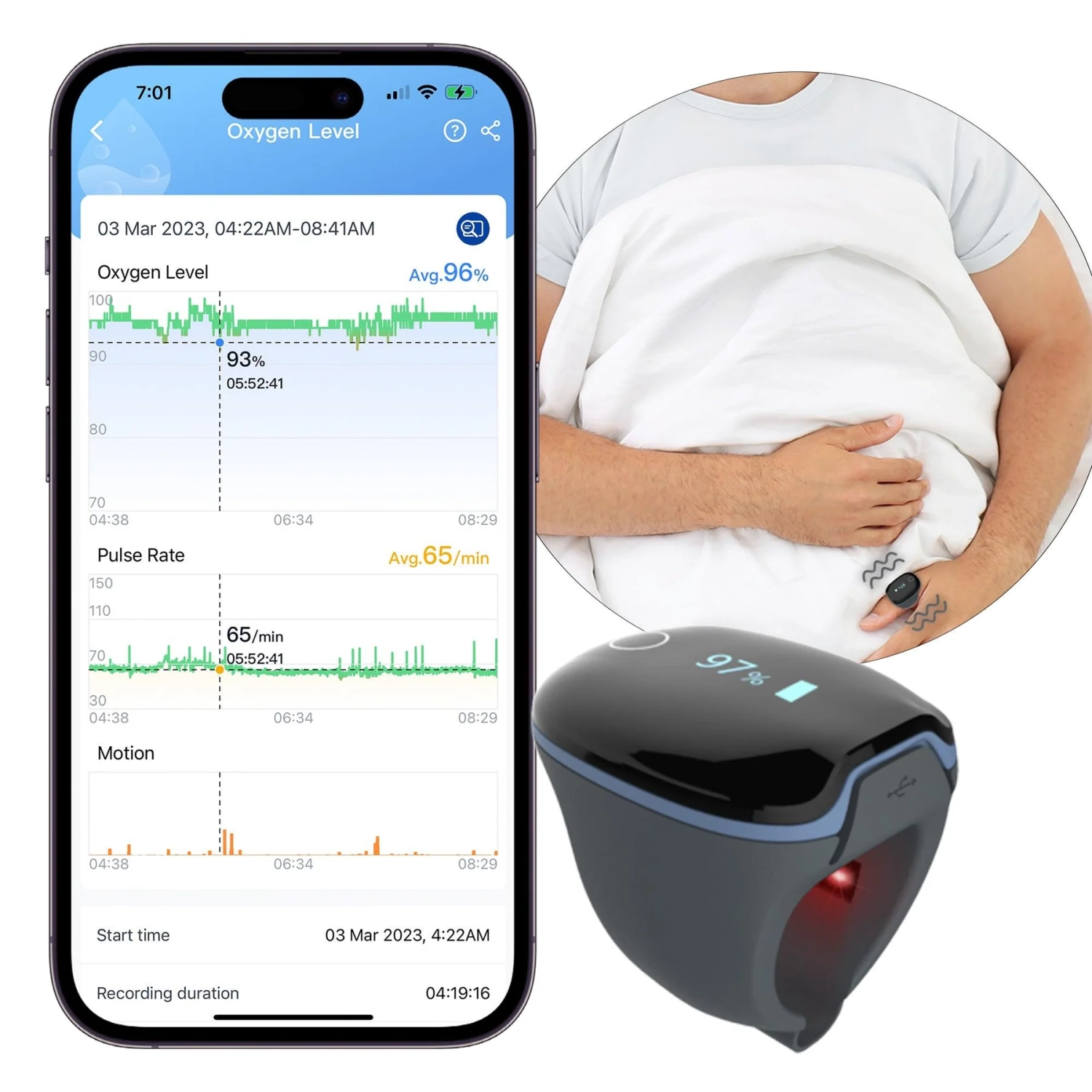 Moniteur d'oxygène pour le sommeil O2Ring de LOOKEE® | Suivi du niveau d'oxygène et de la fréquence cardiaque pendant la nuit avec alerte par