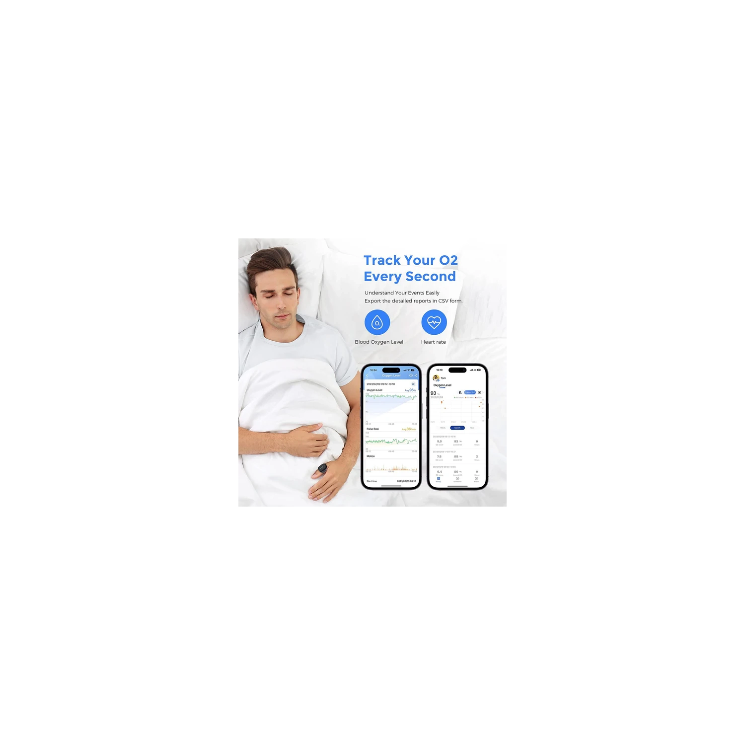 Moniteur d'oxygène pour le sommeil O2Ring de LOOKEE® | Suivi du niveau d'oxygène et de la fréquence cardiaque pendant la nuit avec alerte par