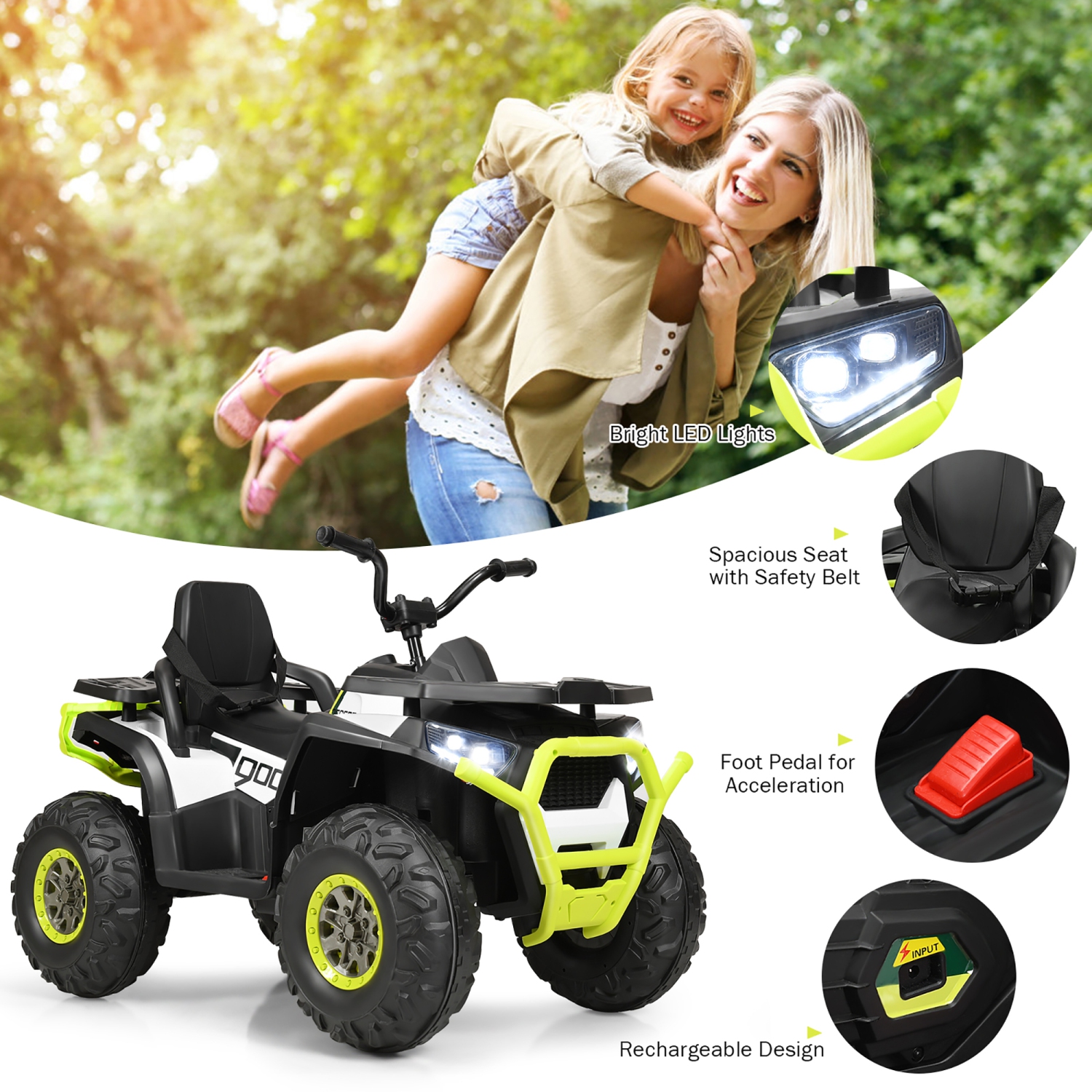 12V Kids Electric 4-Wheeler ATV Quad 2 Vitesses Rouler sur la voiture avec mp3 et lumières LED