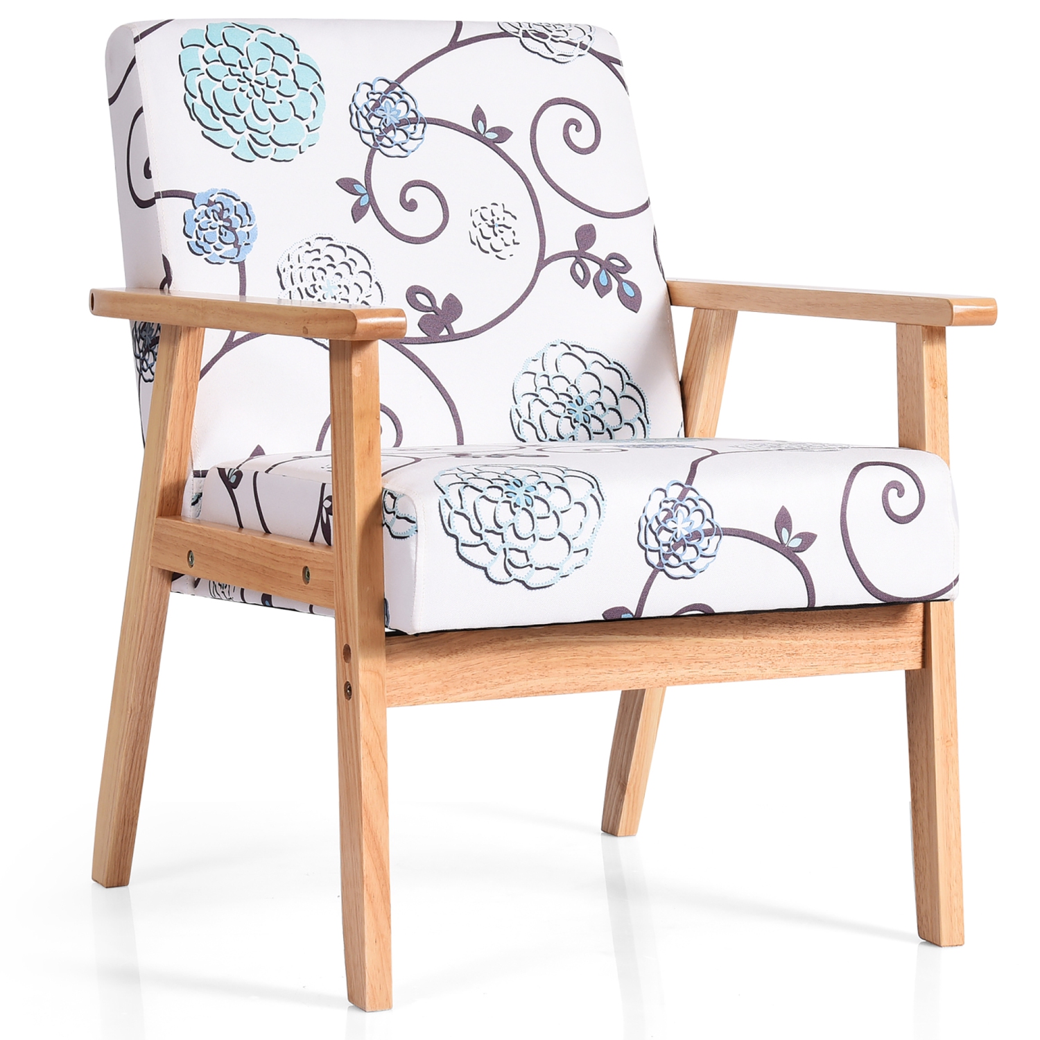 Costway Modern Accent Armchair Fabric Lounge Chair w/Rubber Wood Leg White&Blue Floral