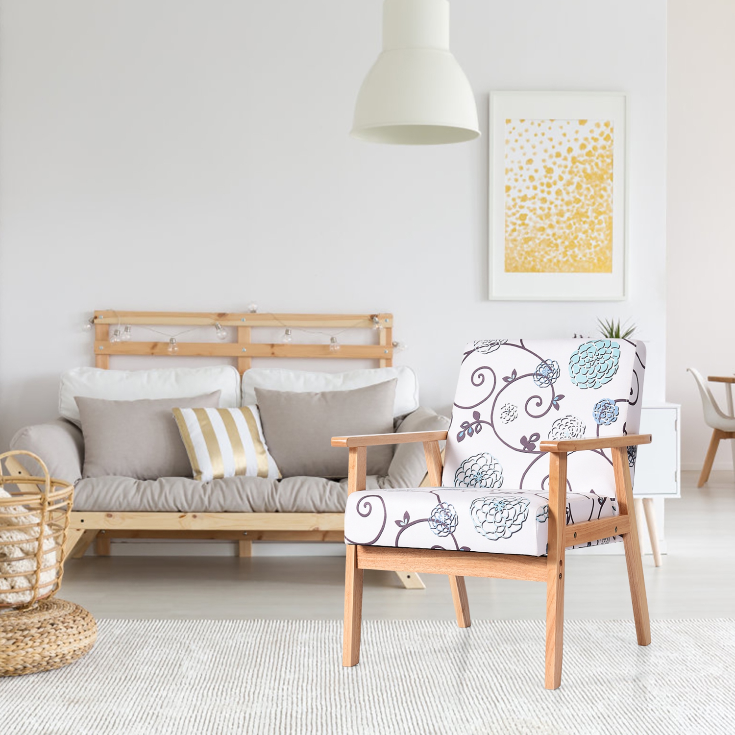 Costway Modern Accent Armchair Fabric Lounge Chair w/Rubber Wood Leg White&Blue Floral