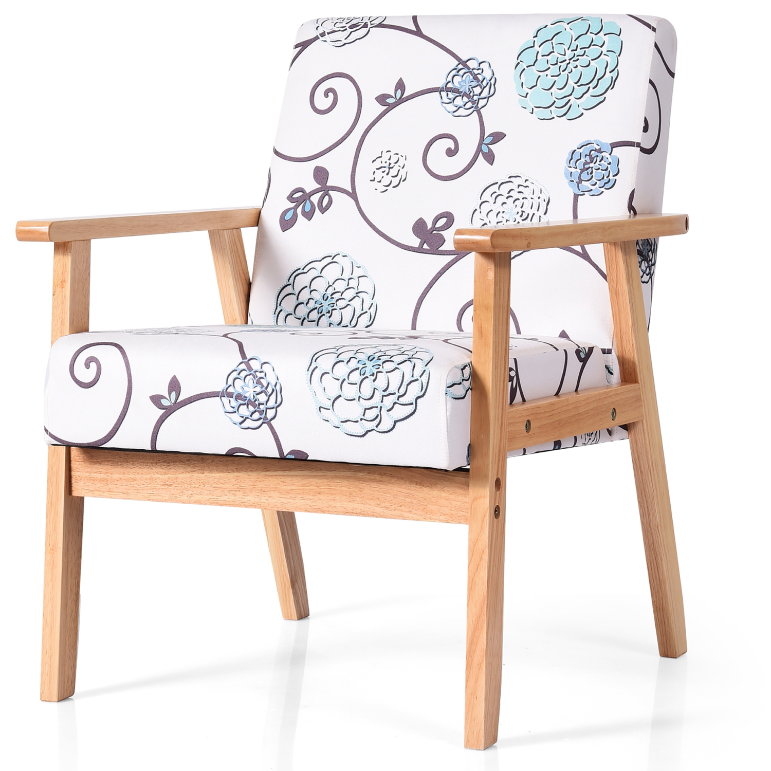 Costway Modern Accent Armchair Fabric Lounge Chair w/Rubber Wood Leg White&Blue Floral
