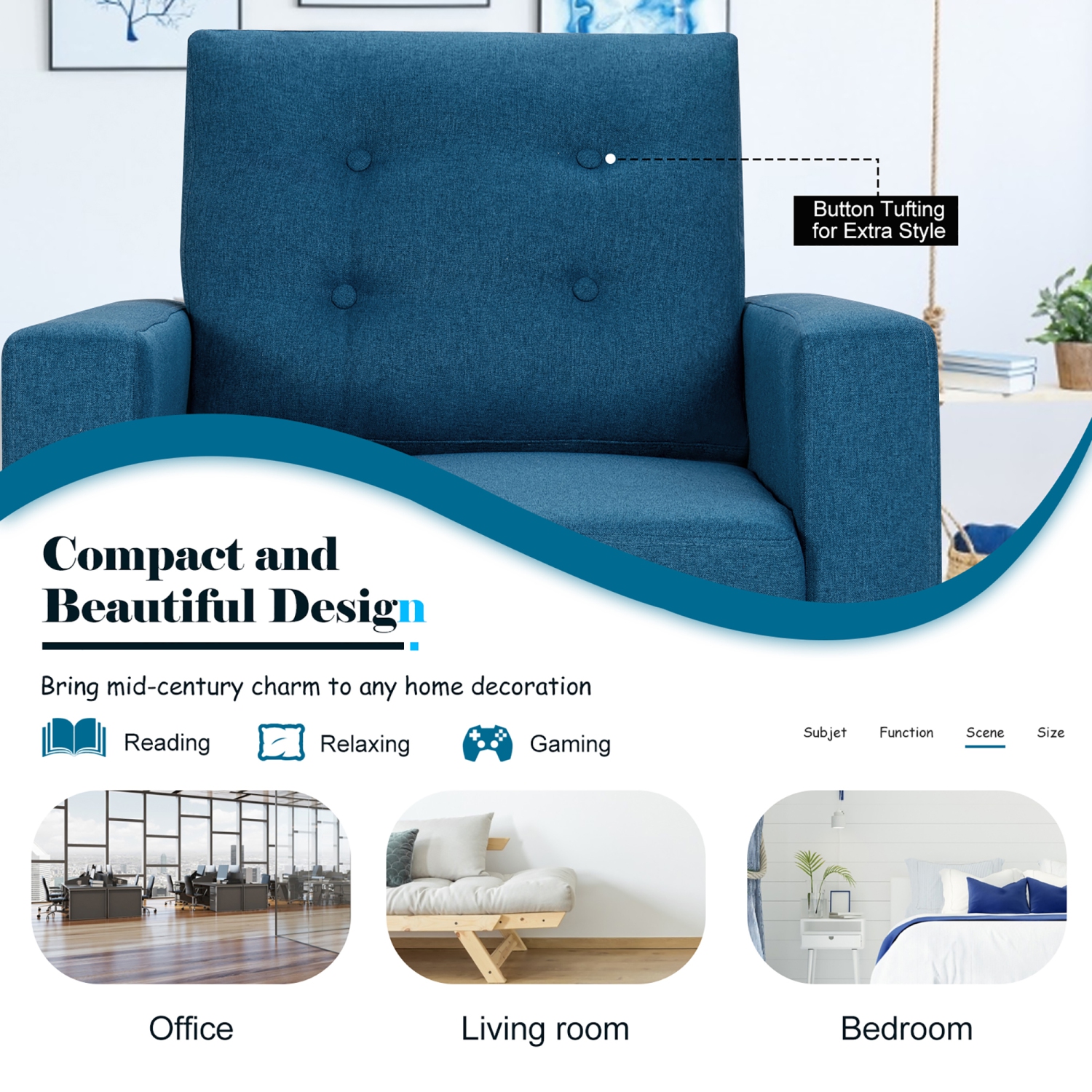 Costway Modern Tufted Accent Chair Fabric Armchair Single Sofa w/ Rubber Wood Legs