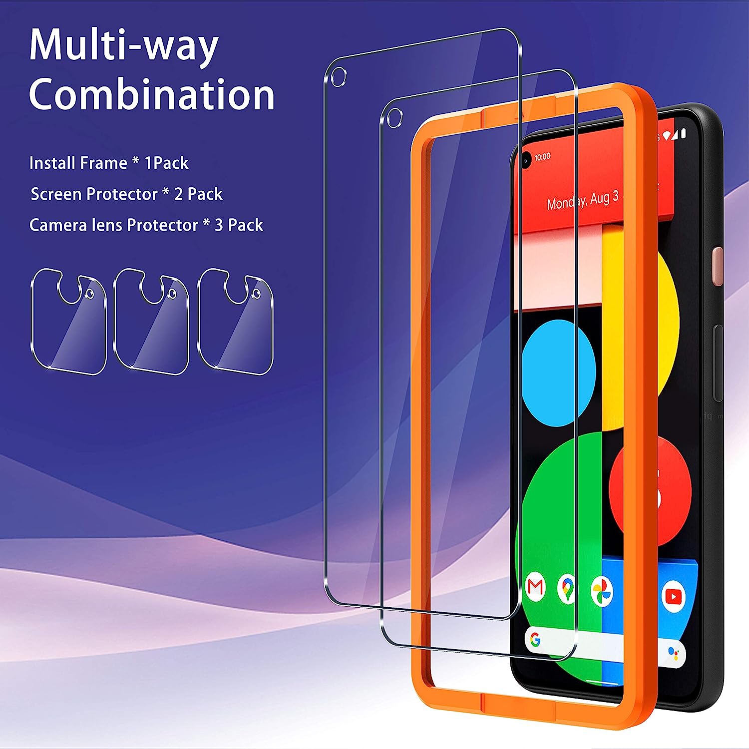 Paquet de 2 protecteurs d'écran pour Pixel 5 + paquet de 3 protecteurs d'objectif en verre trempé, 9H [Cadre facile à installer] film transparent