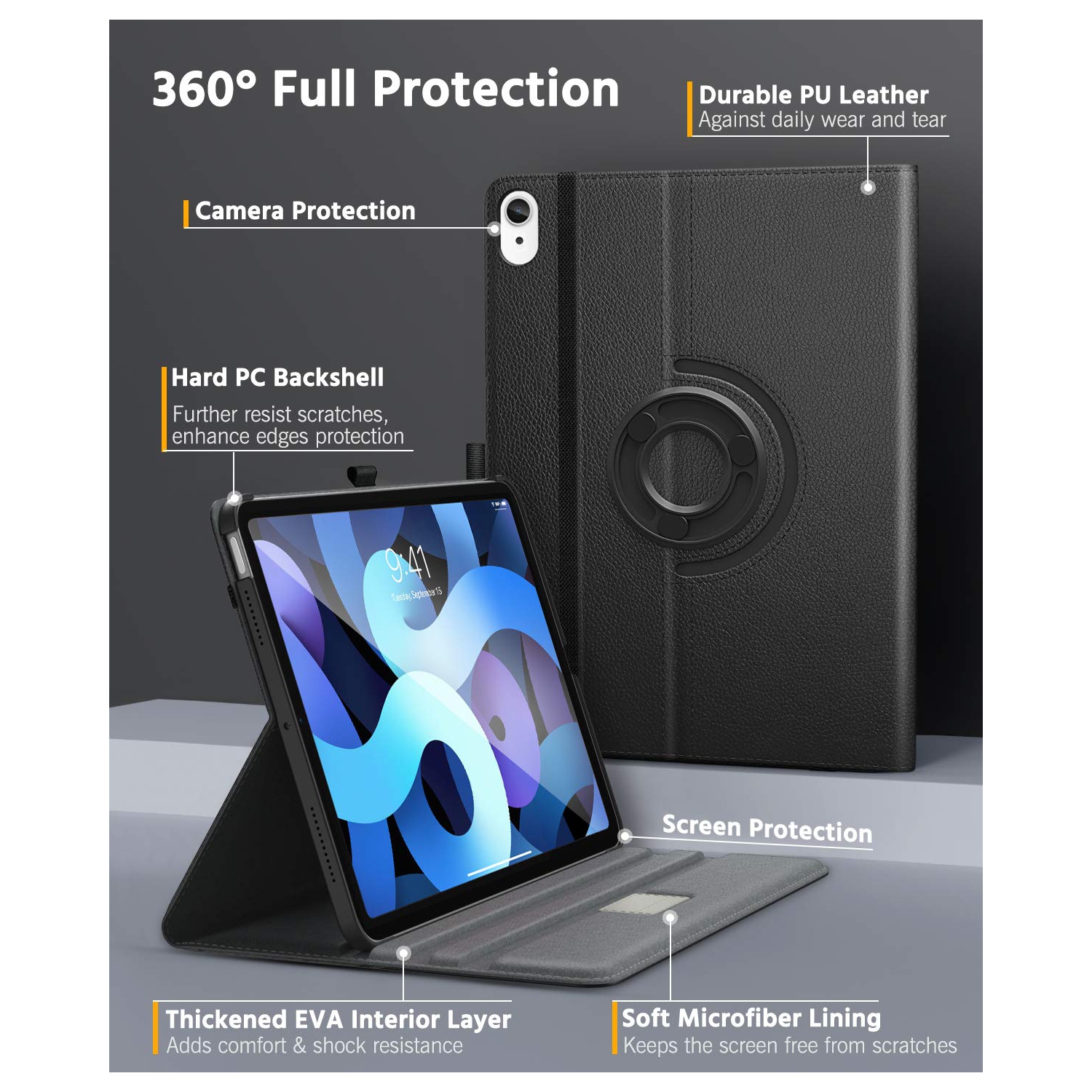 MoKo Case Fit New iPad Air 4th Generation 2020 / iPad 10.9 Case - 90 Degree Rotating Stand Leather Cover,Smart Swivel Case w