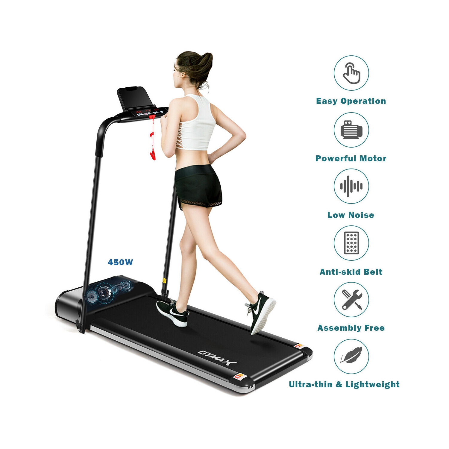 Tapis roulant pliant électrique ultra-mince de 450W Gymax