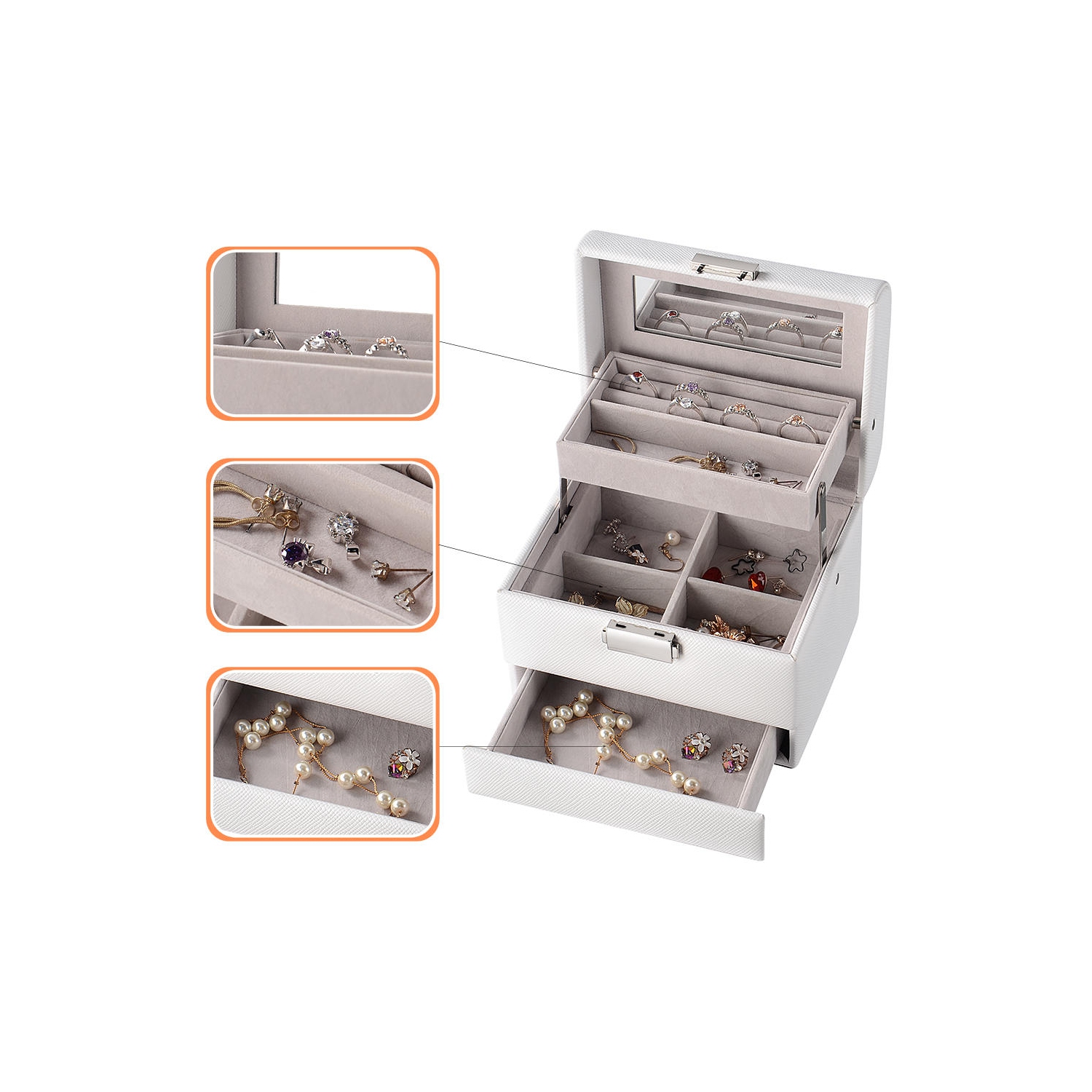 Boîte à bijoux en cuir PU à 3 couches, organisateur de stockage de bijoux vitrine de voyage avec miroir pour bagues boucles d'oreilles colliers