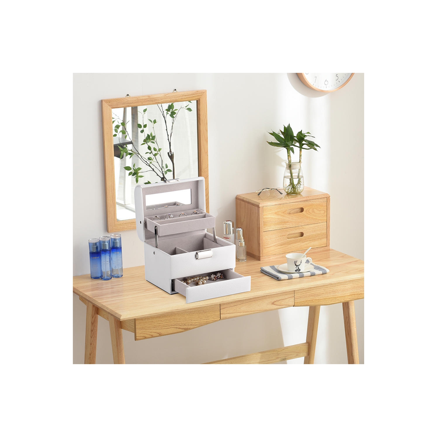 Boîte à bijoux en cuir PU à 3 couches, organisateur de stockage de bijoux vitrine de voyage avec miroir pour bagues boucles d'oreilles colliers