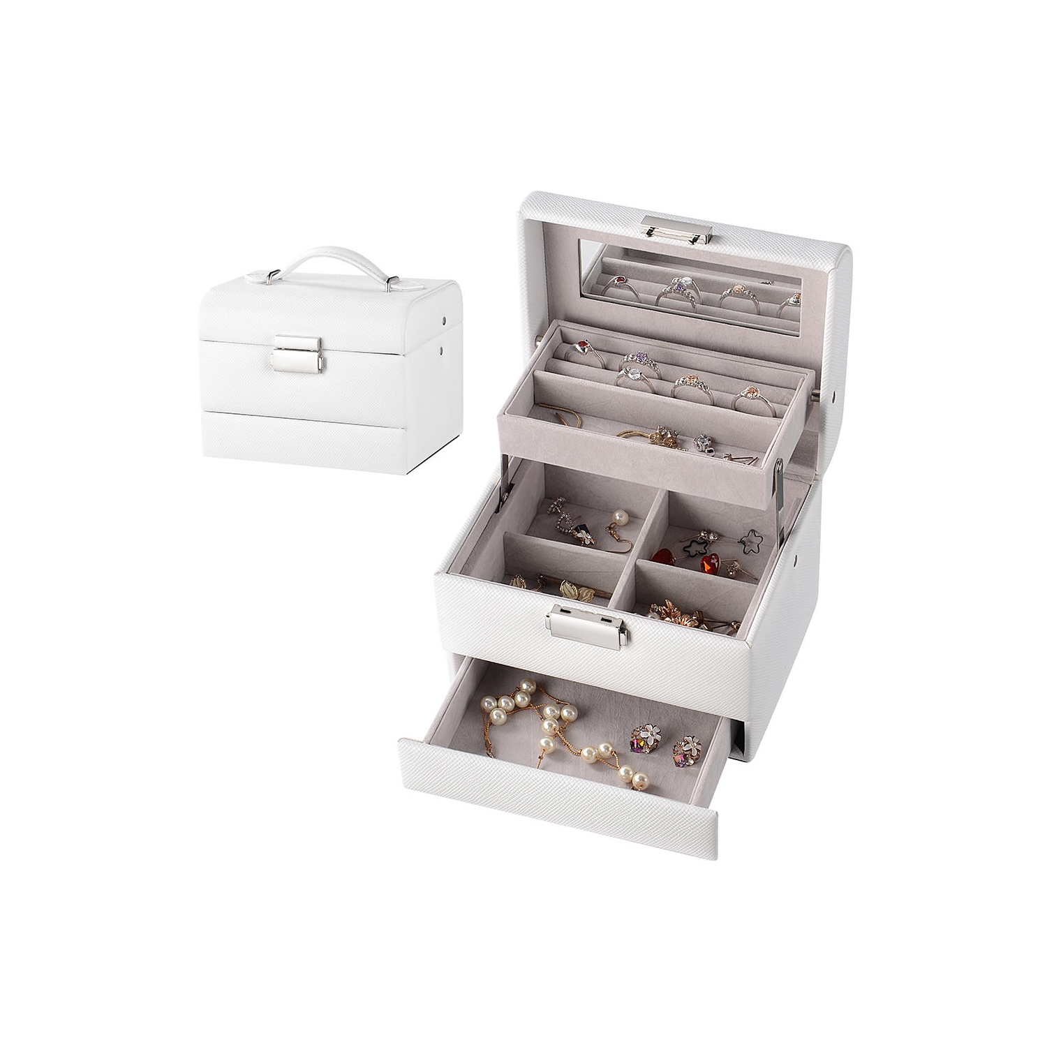 Boîte à bijoux en cuir PU à 3 couches, organisateur de stockage de bijoux vitrine de voyage avec miroir pour bagues boucles d'oreilles colliers