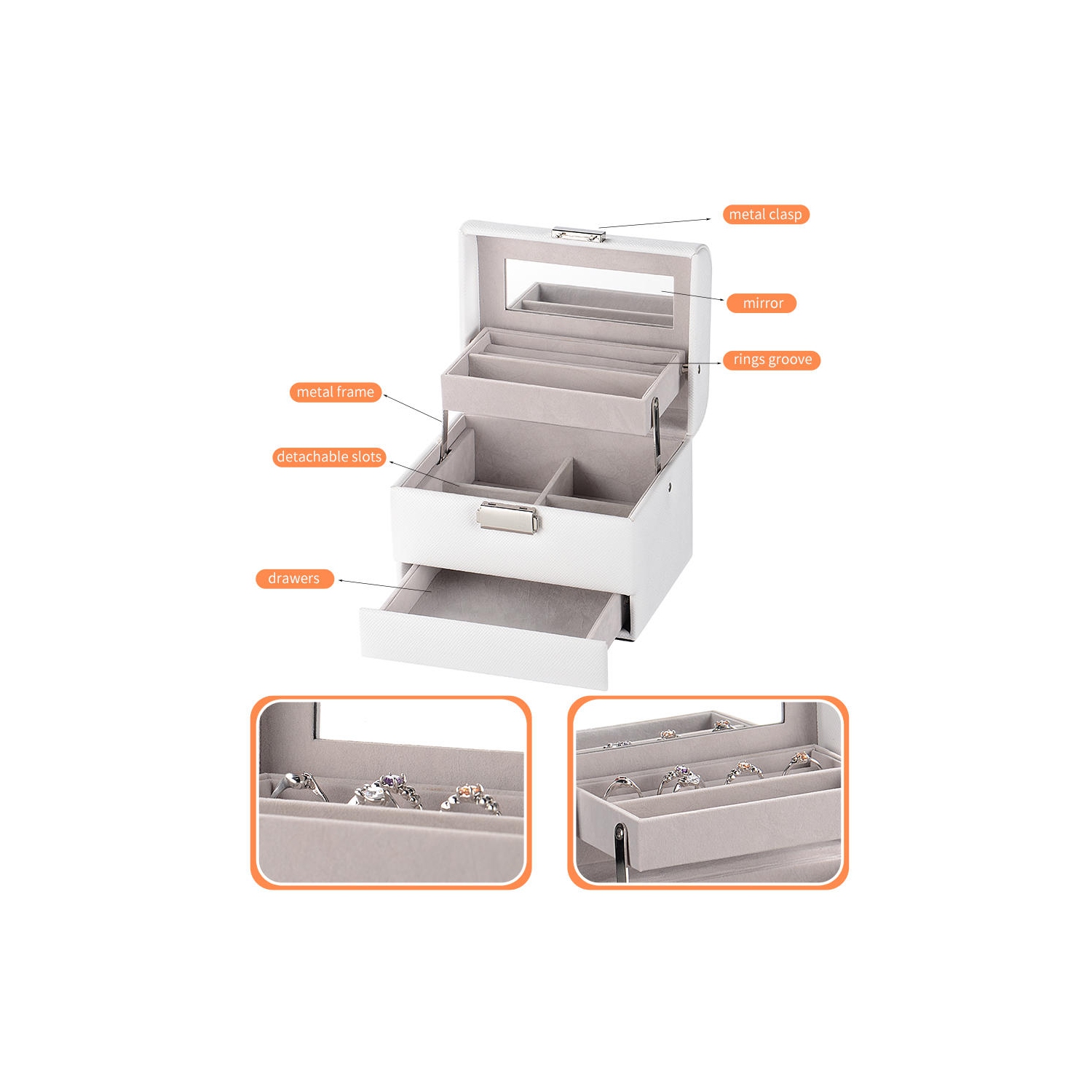 Boîte à bijoux en cuir PU à 3 couches, organisateur de stockage de bijoux vitrine de voyage avec miroir pour bagues boucles d'oreilles colliers