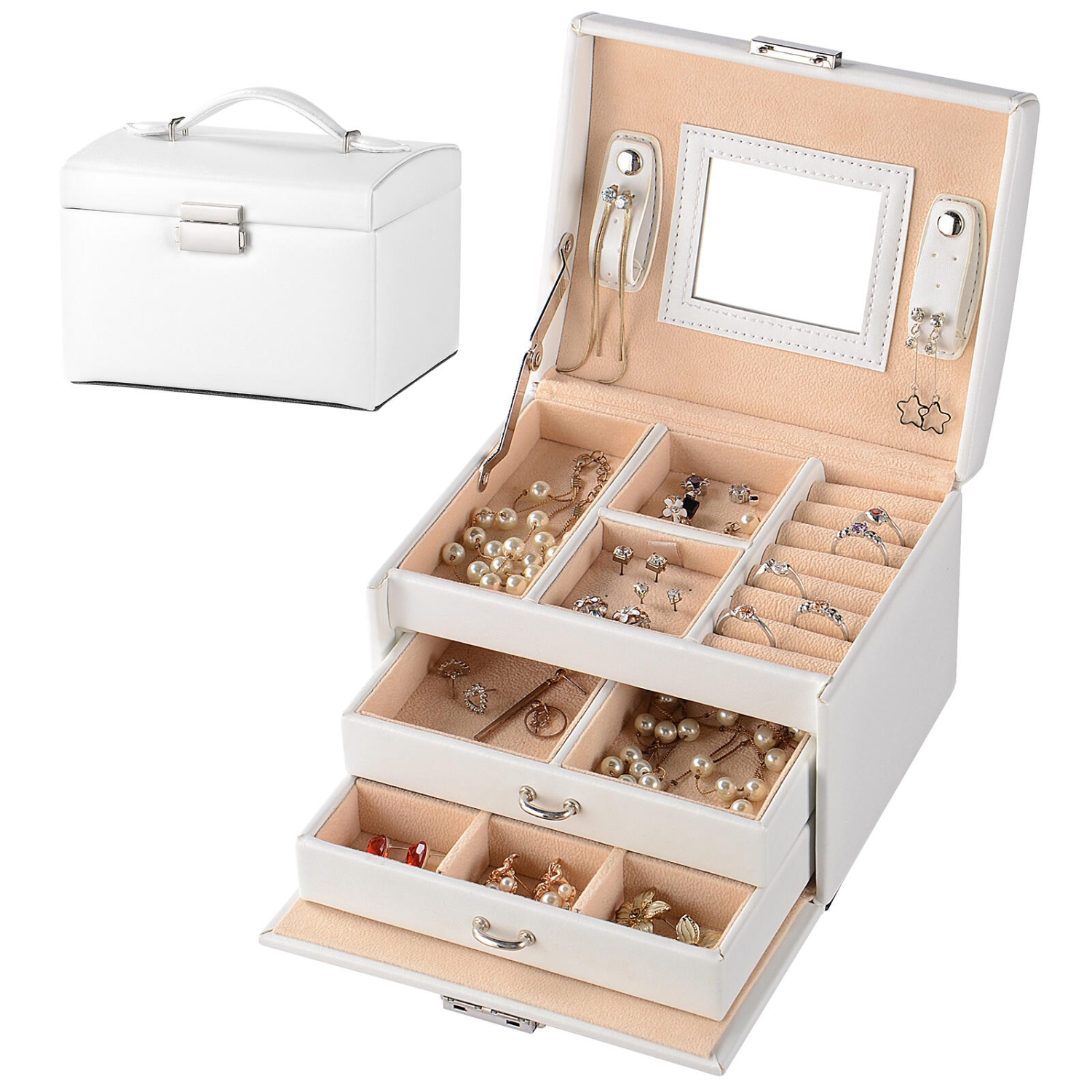 Boîtes à bijoux en cuir PU Storage OrganizerTravel Case Vitrine à bijoux multicouche avec miroir