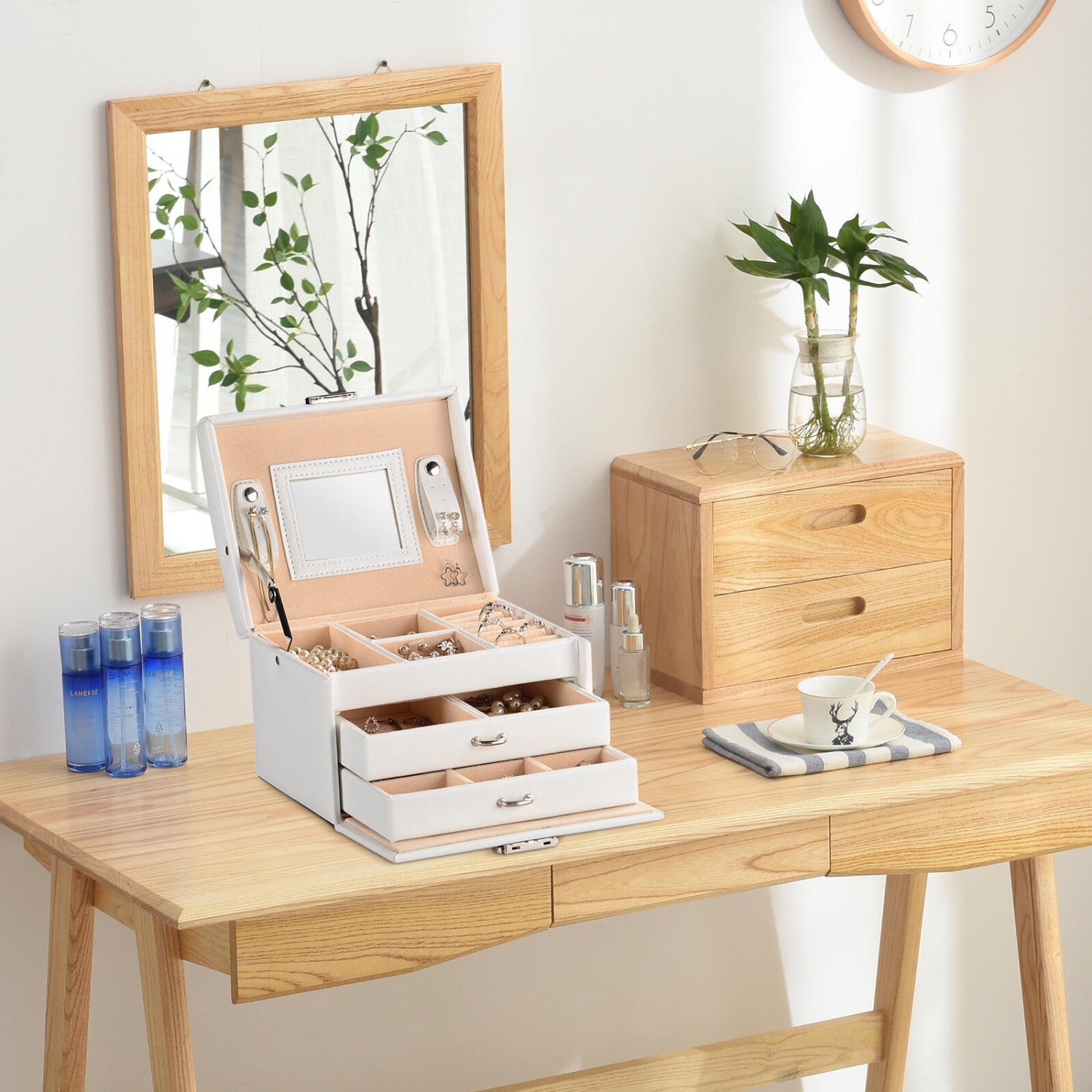 Boîtes à bijoux en cuir PU Storage OrganizerTravel Case Vitrine à bijoux multicouche avec miroir