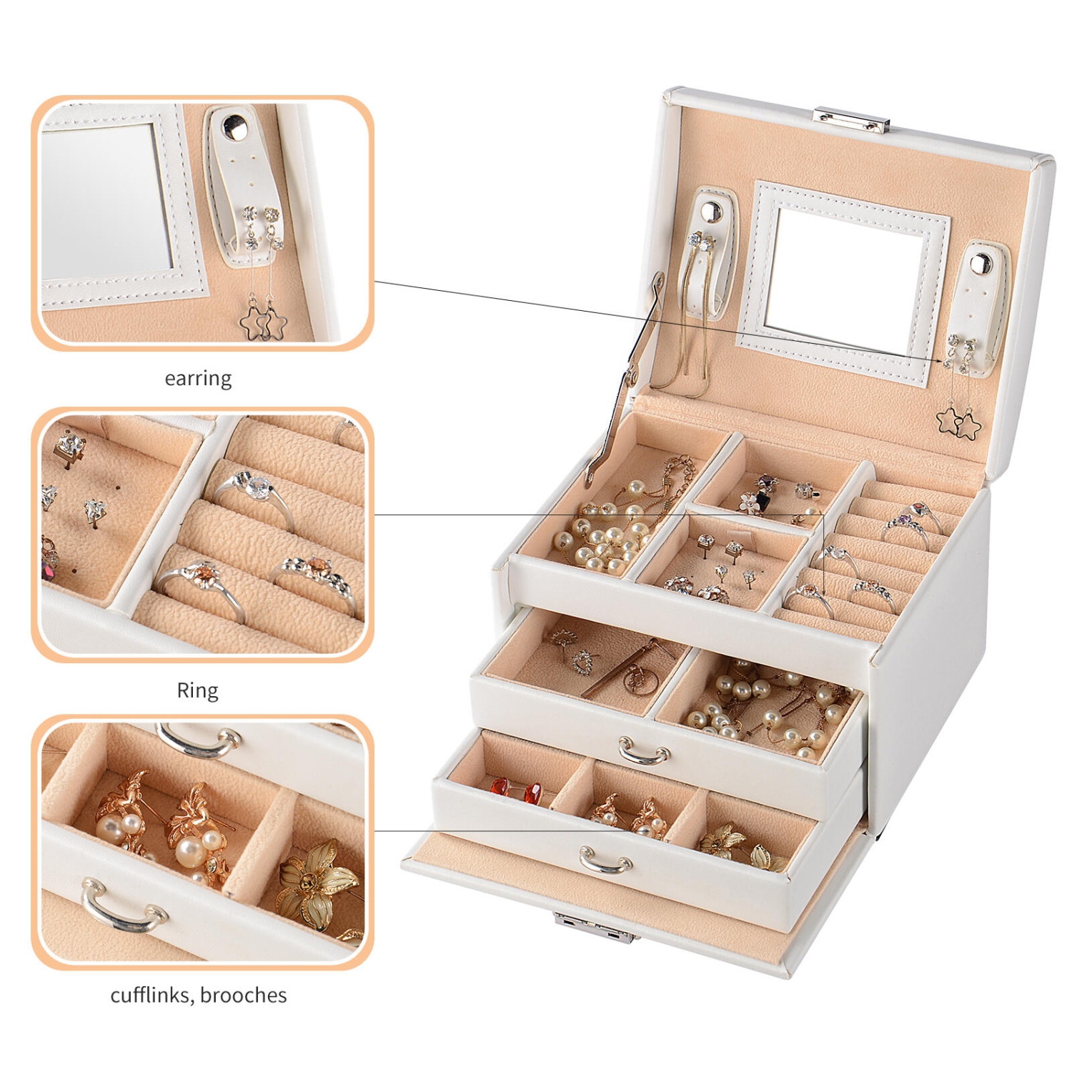 Boîtes à bijoux en cuir PU Storage OrganizerTravel Case Vitrine à bijoux multicouche avec miroir