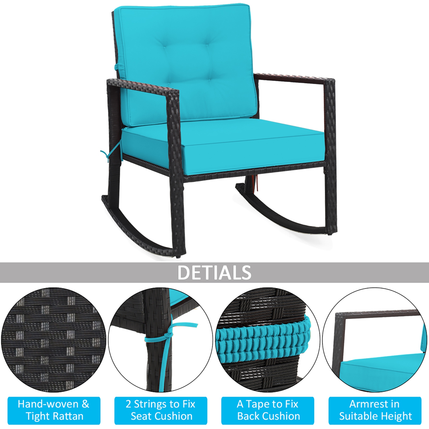 Costway Patio Rattan Rocker Chair Outdoor Glider Rocking Chair Cushion Lawn Turquoise