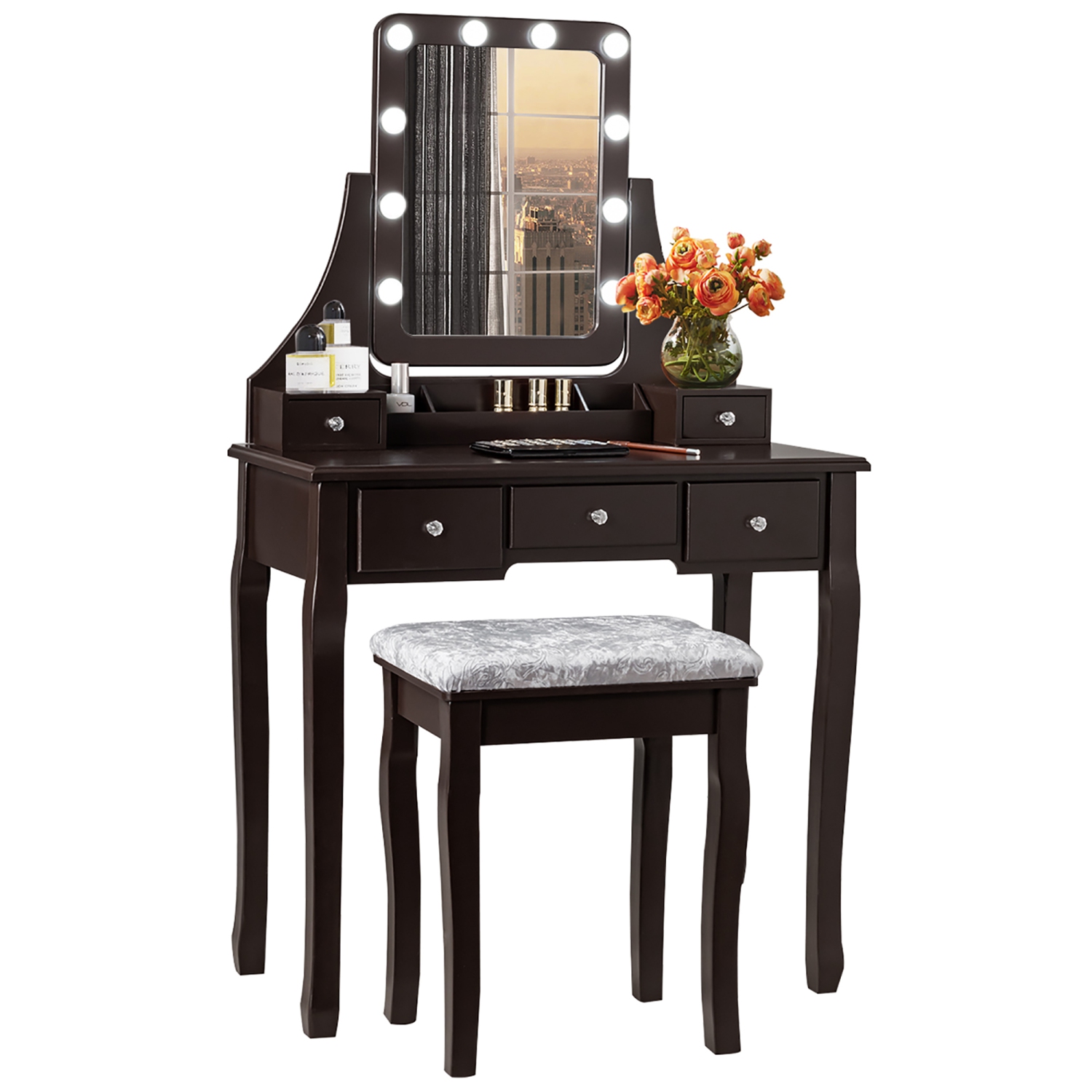 Costway Vanity Dressing Table Set w/ 10 Dimmable Bulbs Touch Switch Cushion Stool