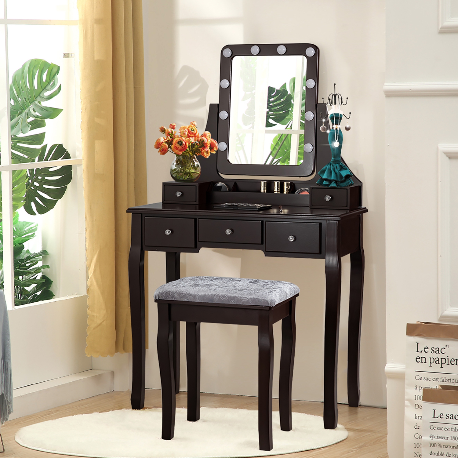 Costway Vanity Dressing Table Set w/ 10 Dimmable Bulbs Touch Switch Cushion Stool