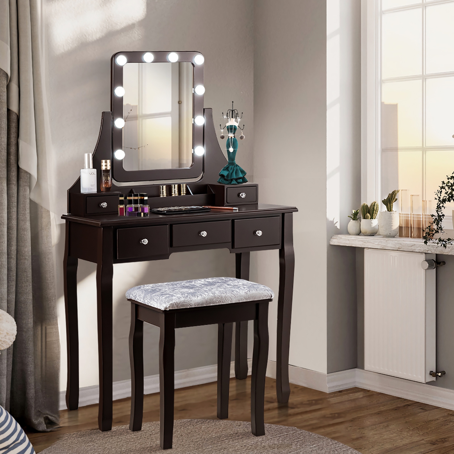 Costway Vanity Dressing Table Set w/ 10 Dimmable Bulbs Touch Switch Cushion Stool