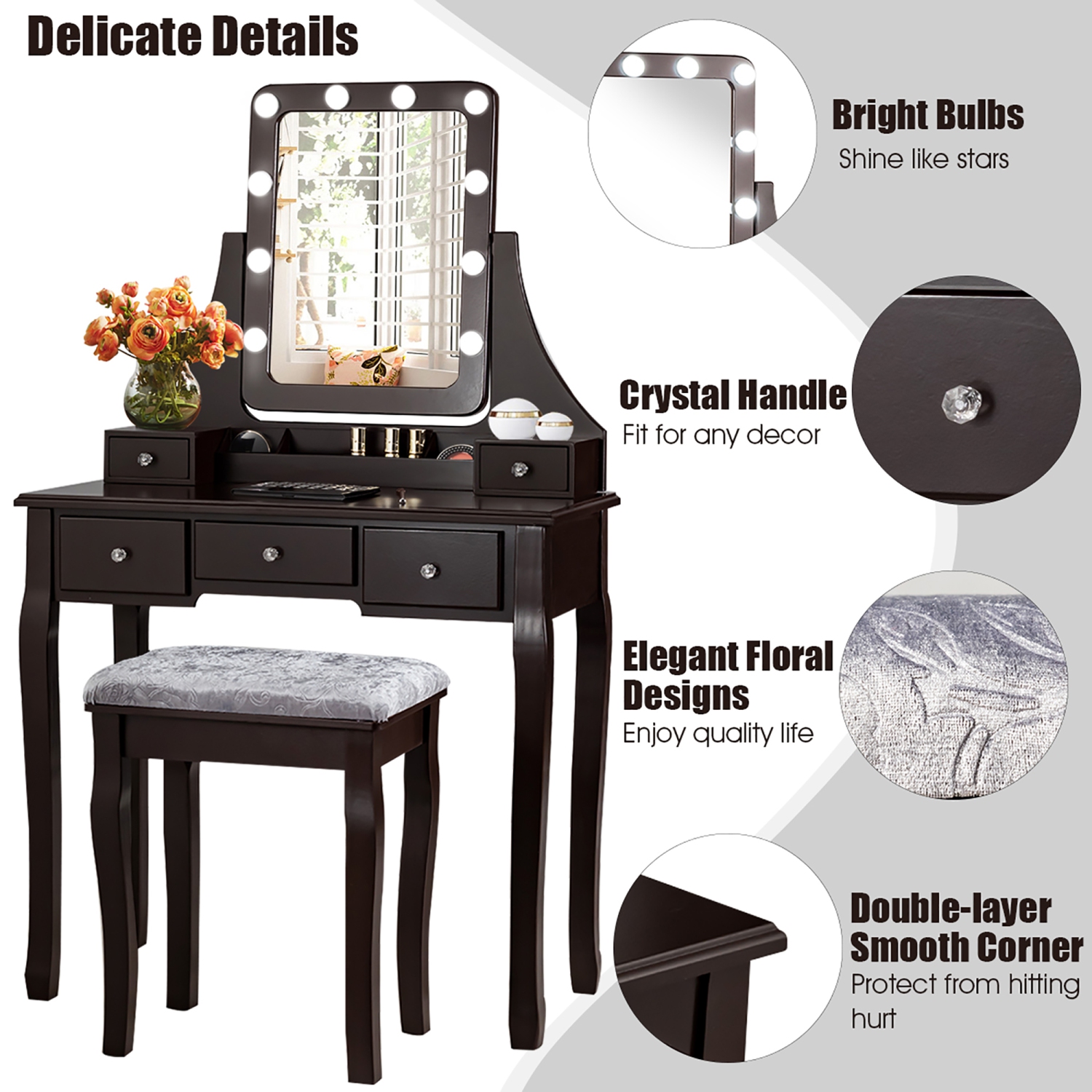 Costway Vanity Dressing Table Set w/ 10 Dimmable Bulbs Touch Switch Cushion Stool