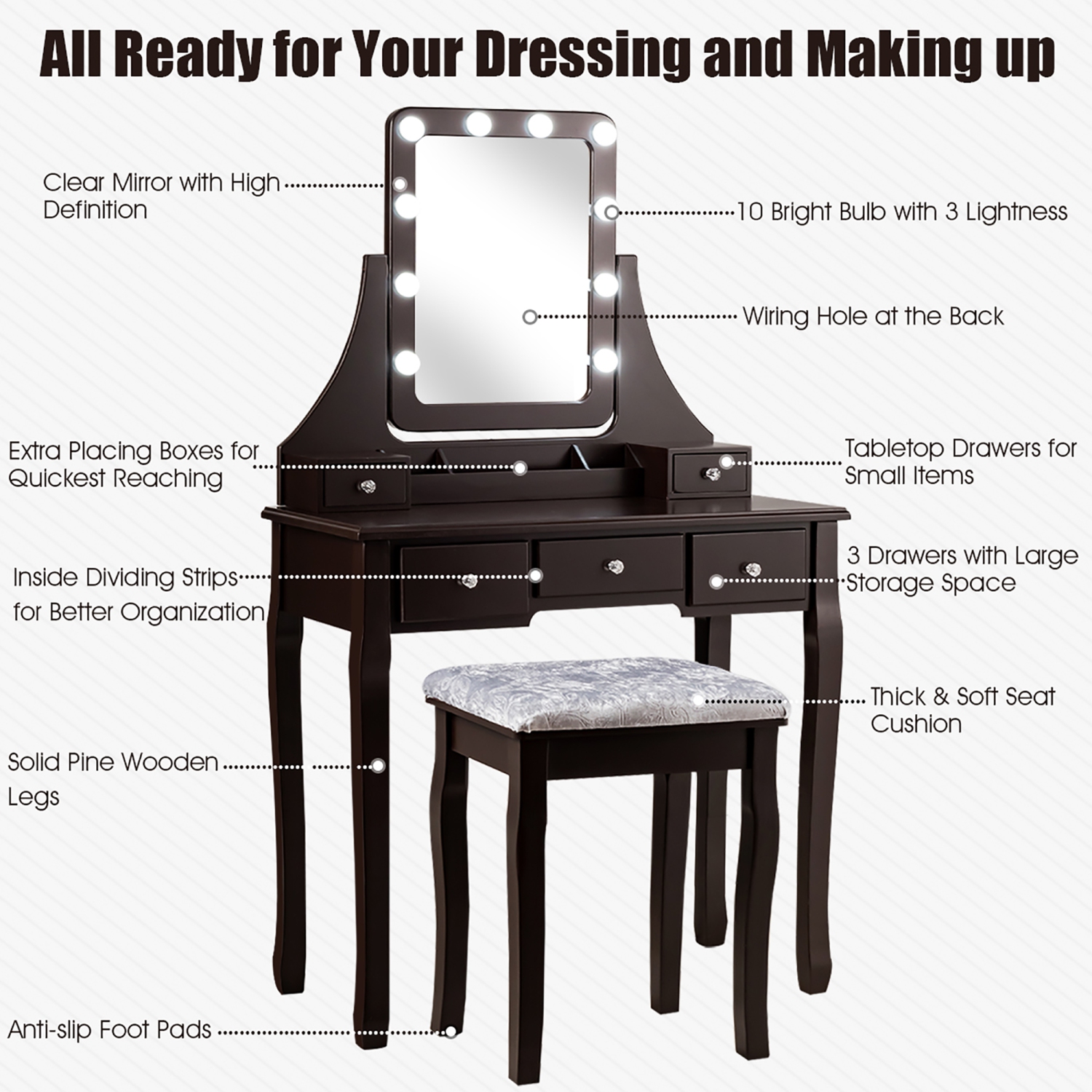 Costway Vanity Dressing Table Set w/ 10 Dimmable Bulbs Touch Switch Cushion Stool