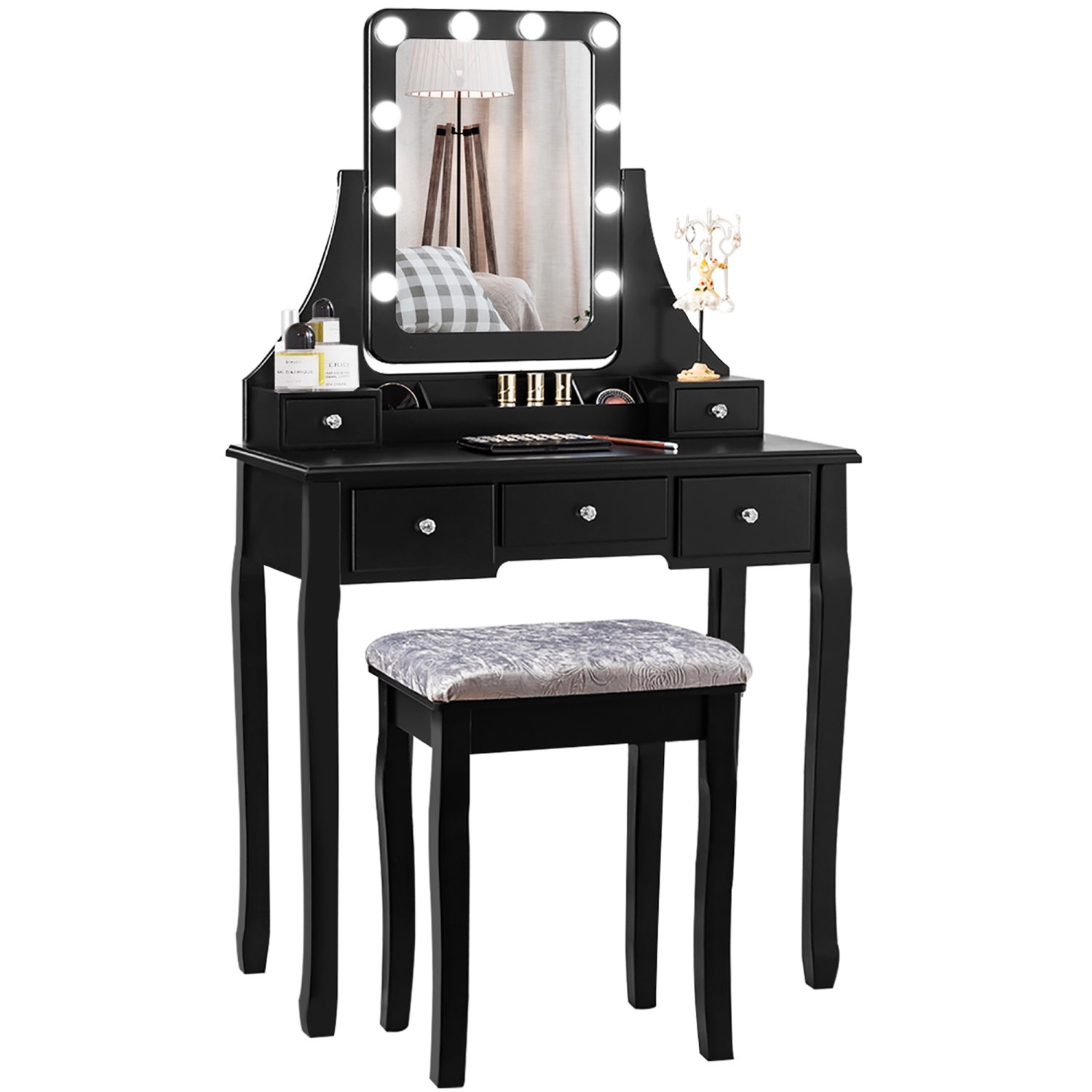Costway Vanity Dressing Table Set w/ 10 Dimmable Bulbs Touch Switch Cushion Stool