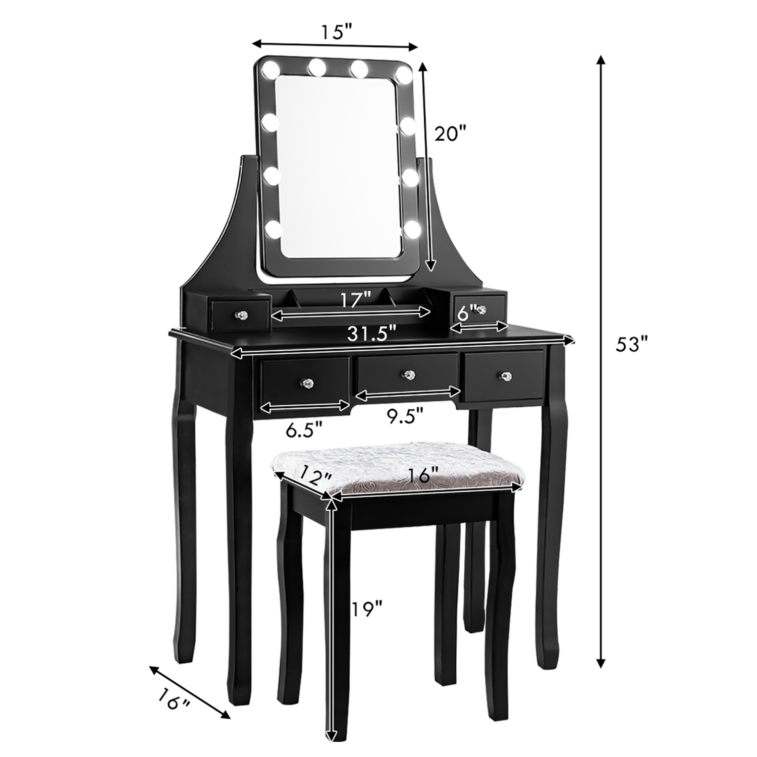 Costway Vanity Dressing Table Set w/ 10 Dimmable Bulbs Touch Switch Cushion Stool