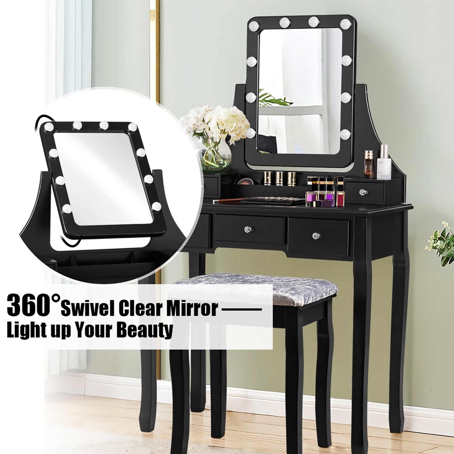 Costway Vanity Dressing Table Set w/ 10 Dimmable Bulbs Touch Switch Cushion Stool