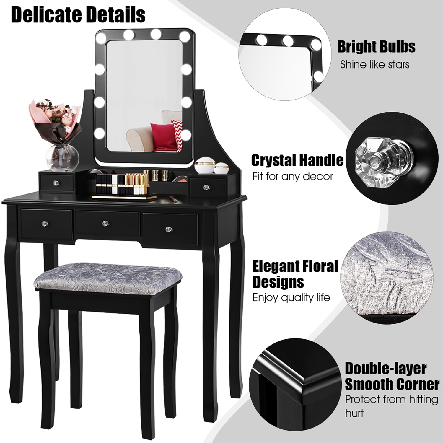 Costway Vanity Dressing Table Set w/ 10 Dimmable Bulbs Touch Switch Cushion Stool