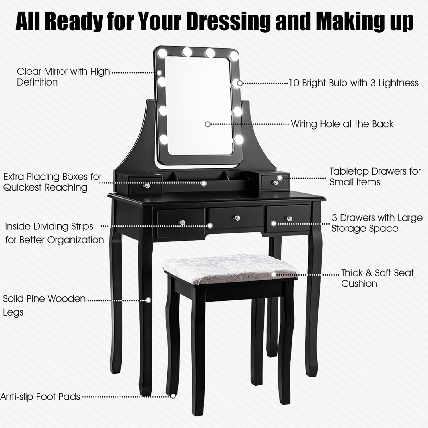 Costway Vanity Dressing Table Set w/ 10 Dimmable Bulbs Touch Switch Cushion Stool