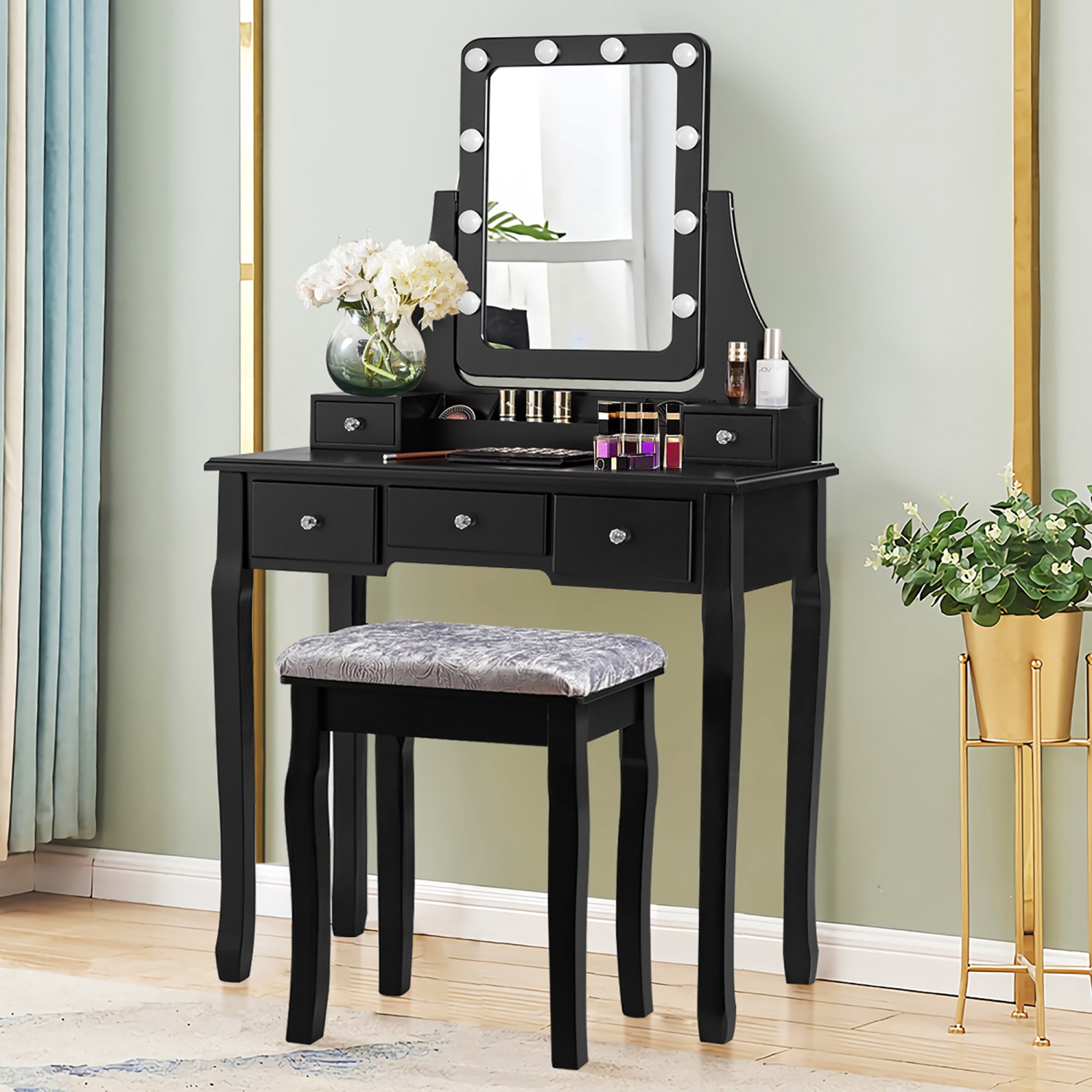 Costway Vanity Dressing Table Set w/ 10 Dimmable Bulbs Touch Switch Cushion Stool