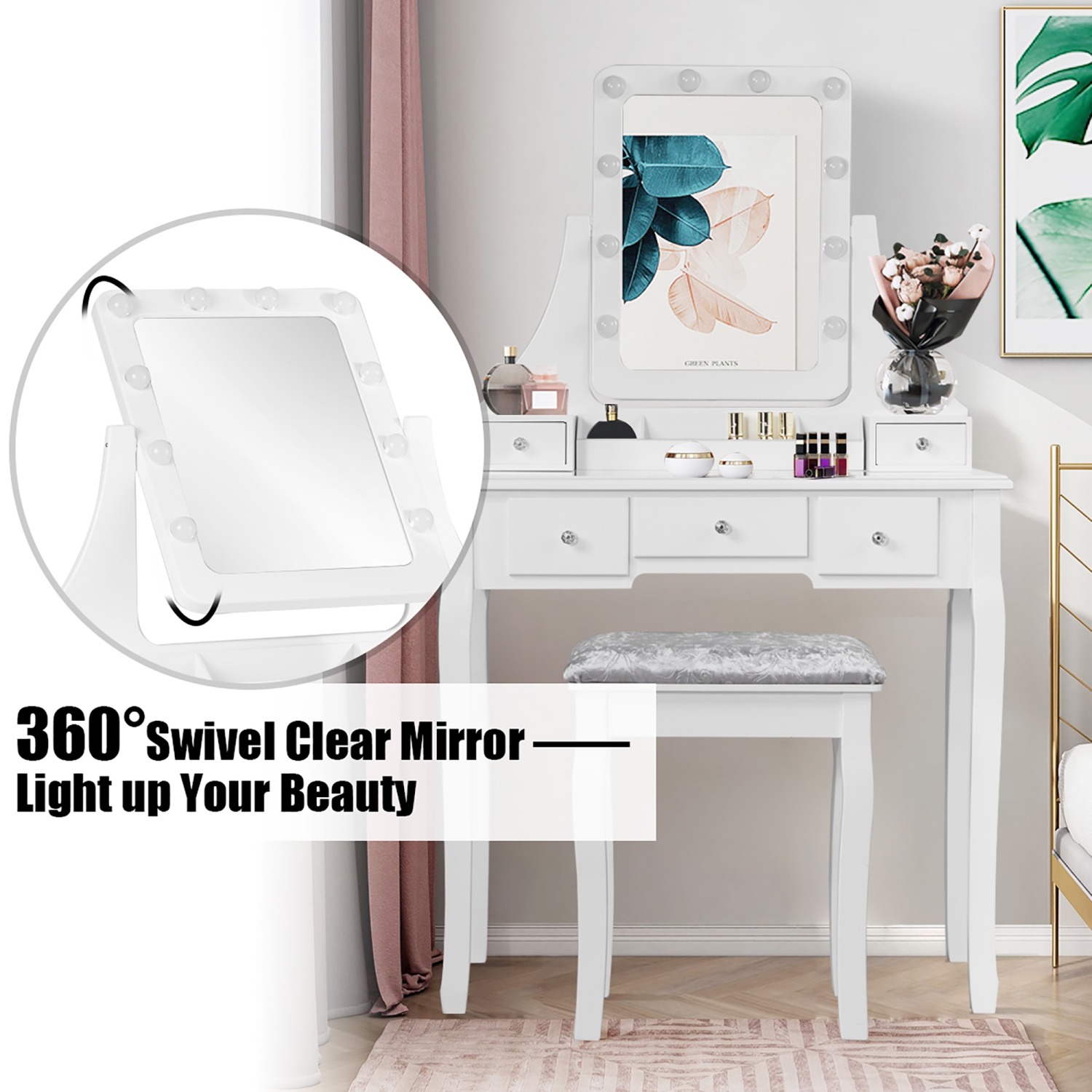 Vanity Dressing Table Set w/ 10 Dimmable Bulbs Touch Switch Cushion Stool