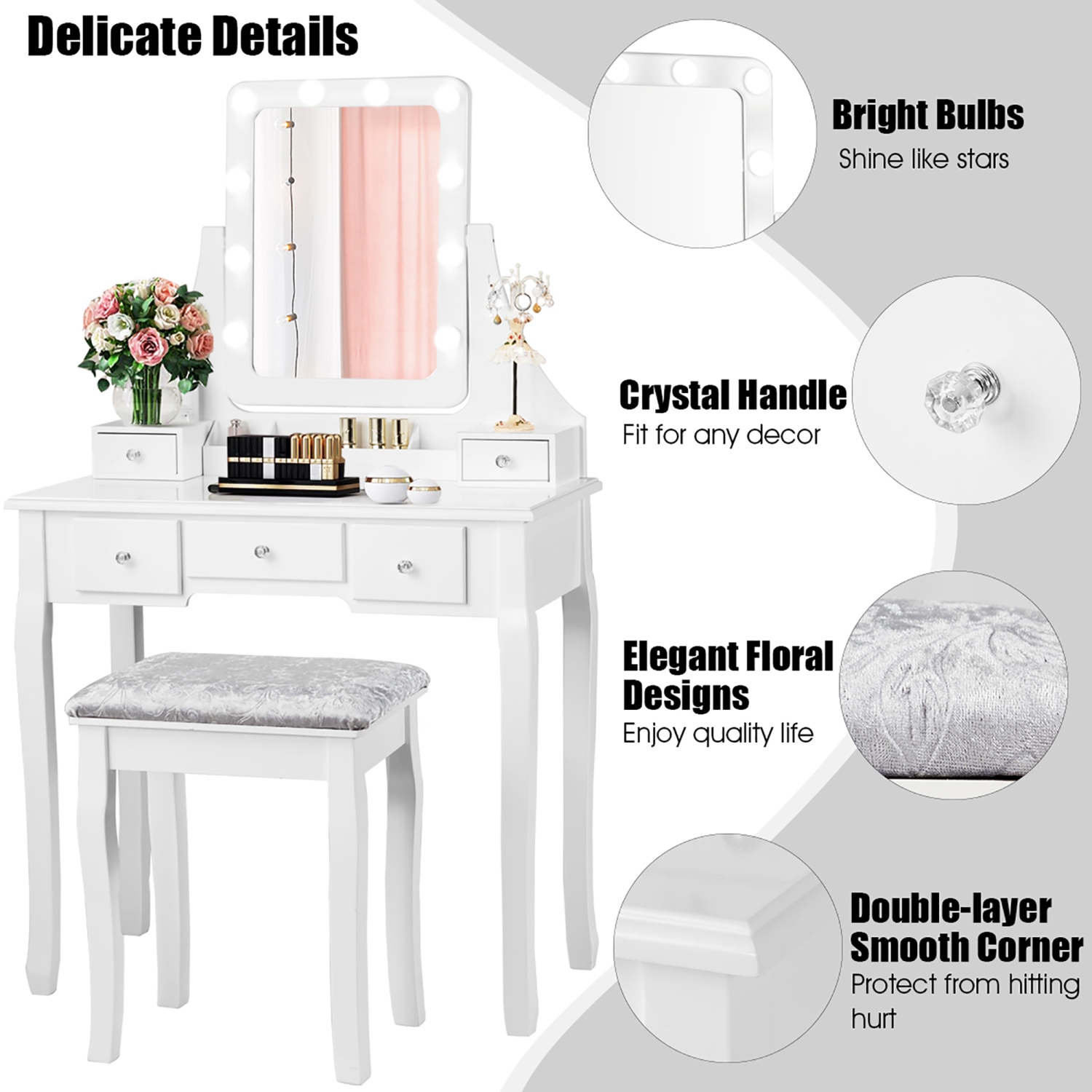 Vanity Dressing Table Set w/ 10 Dimmable Bulbs Touch Switch Cushion Stool