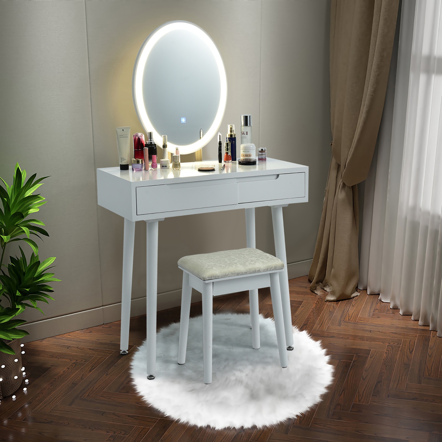 Costway Vanity Makeup Table Touch Screen 3 Lighting Modes Dressing Table Stool Set