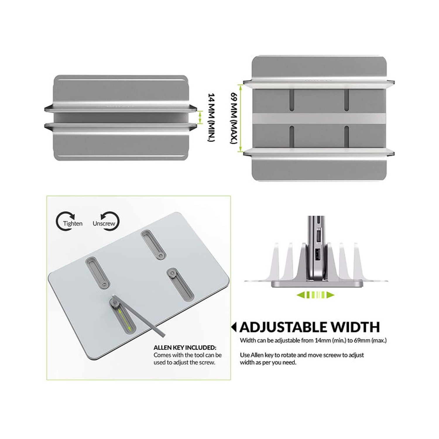 DURAMEX Silver Color Vertical Laptop Stand, Desktop Aluminum Stand with Adjustable Dock, for Laptops Up to 17.3 inch
