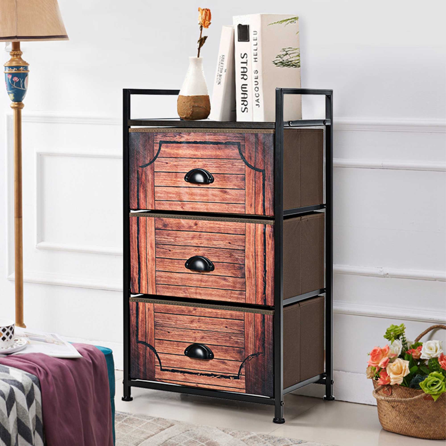 Costway 3 Drawer Fabric Dresser Storage Tower Nightstand Sturdy Steel Frame Closet
