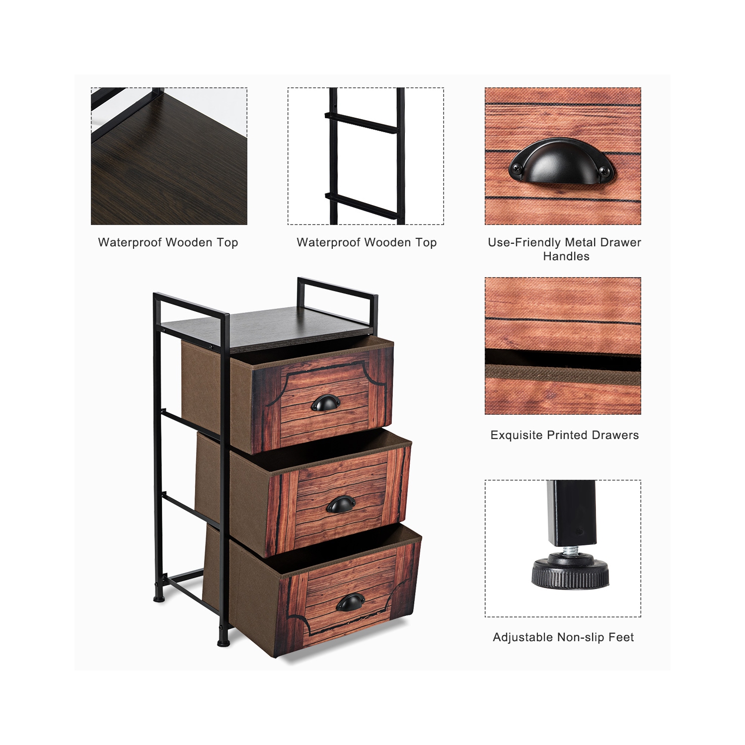 Costway 3 Drawer Fabric Dresser Storage Tower Nightstand Sturdy Steel Frame Closet