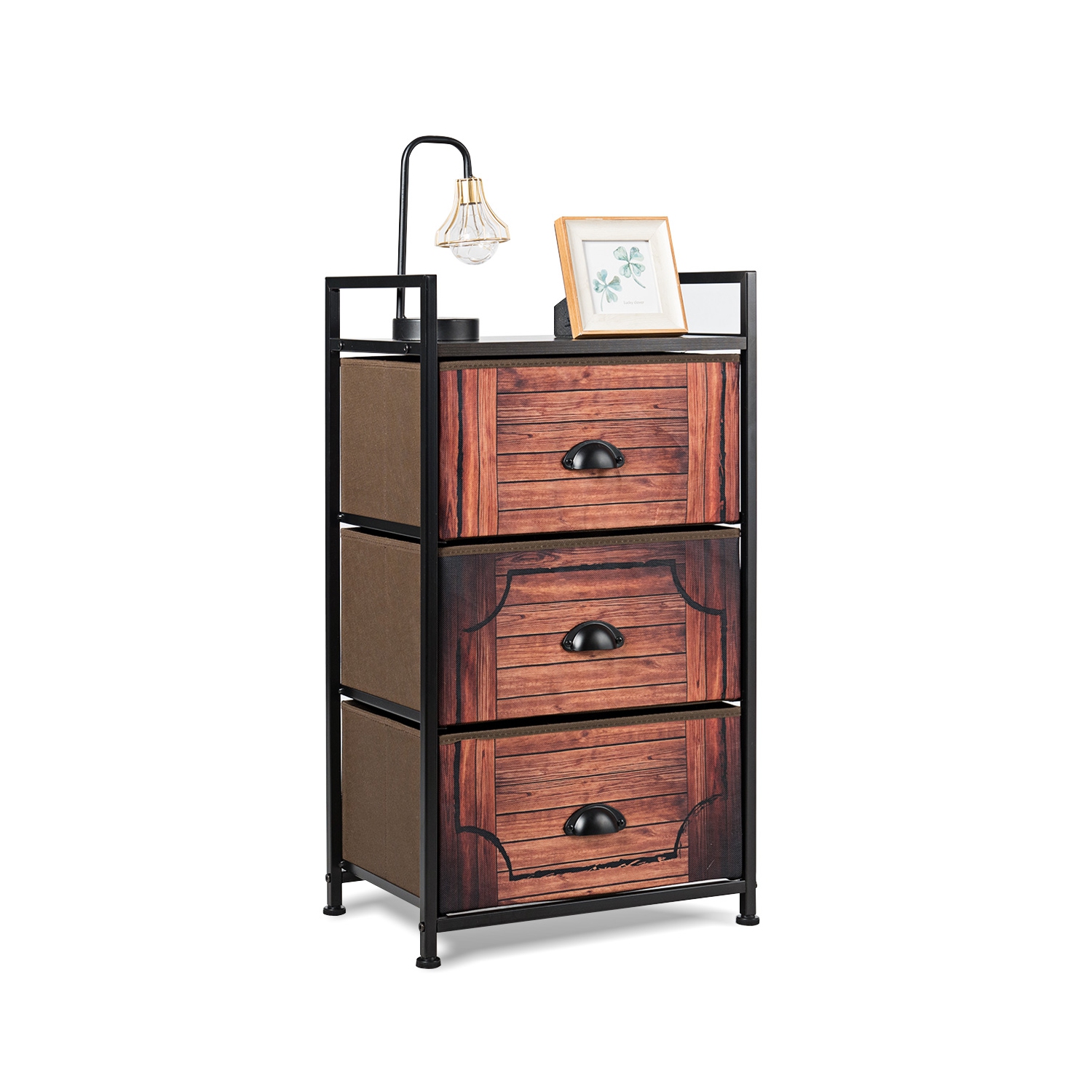 Costway 3 Drawer Fabric Dresser Storage Tower Nightstand Sturdy Steel Frame Closet