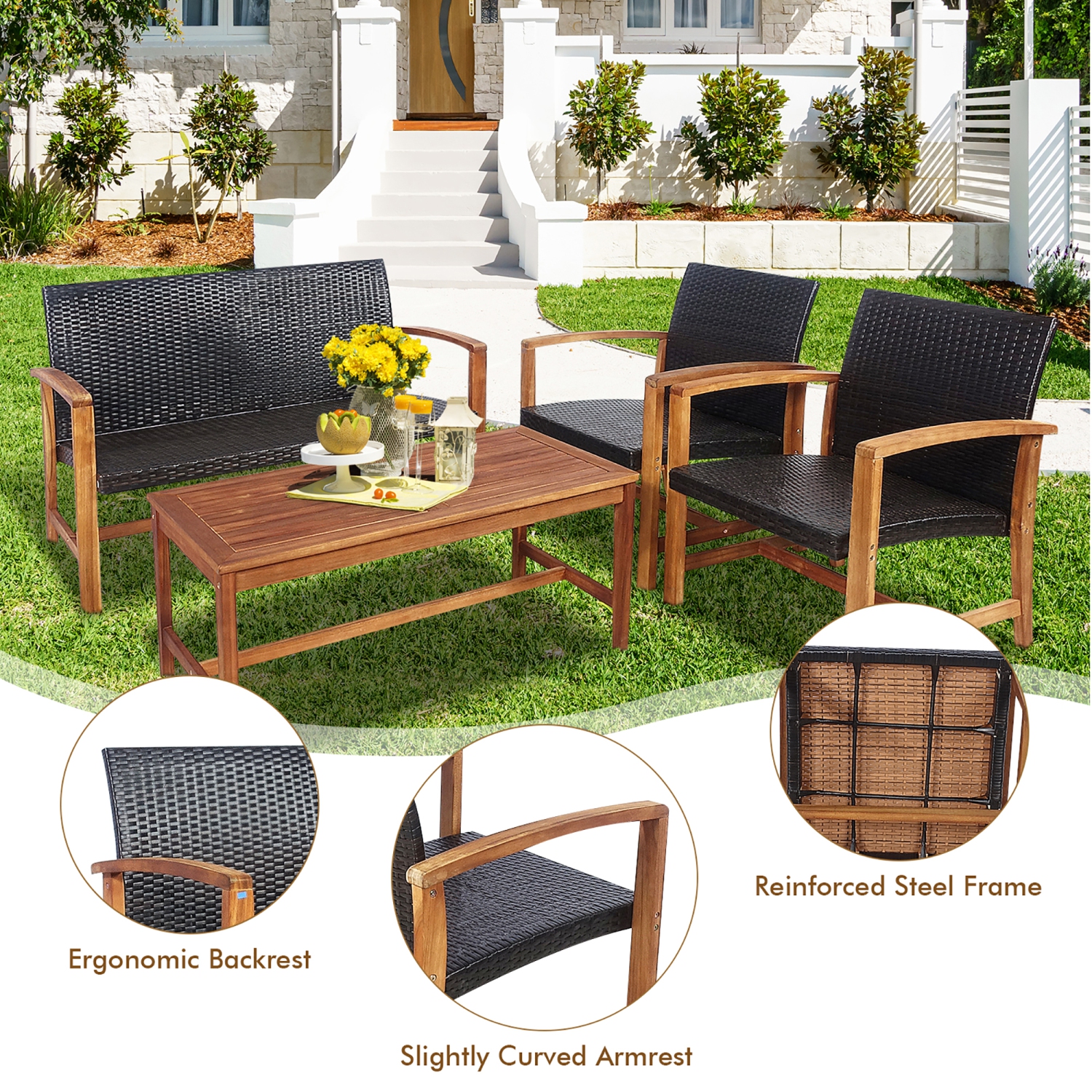 Costway 8PCS Outdoor Patio Rattan Furniture Set Acacia Wood Frame Sofa Loveseat Garden