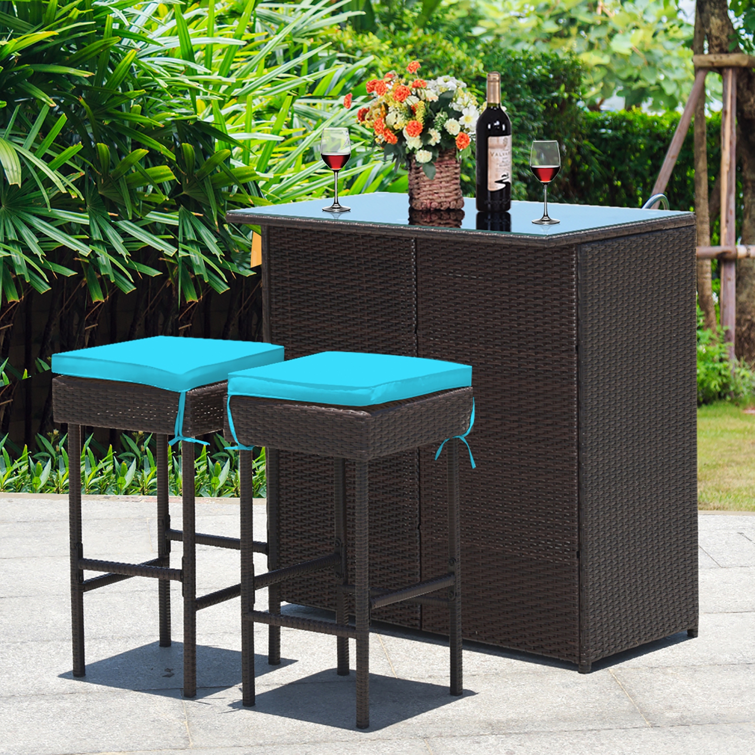 Costway 3PCS Patio Rattan Wicker Bar Table Stools Dining Set Cushioned Chairs Turquoise
