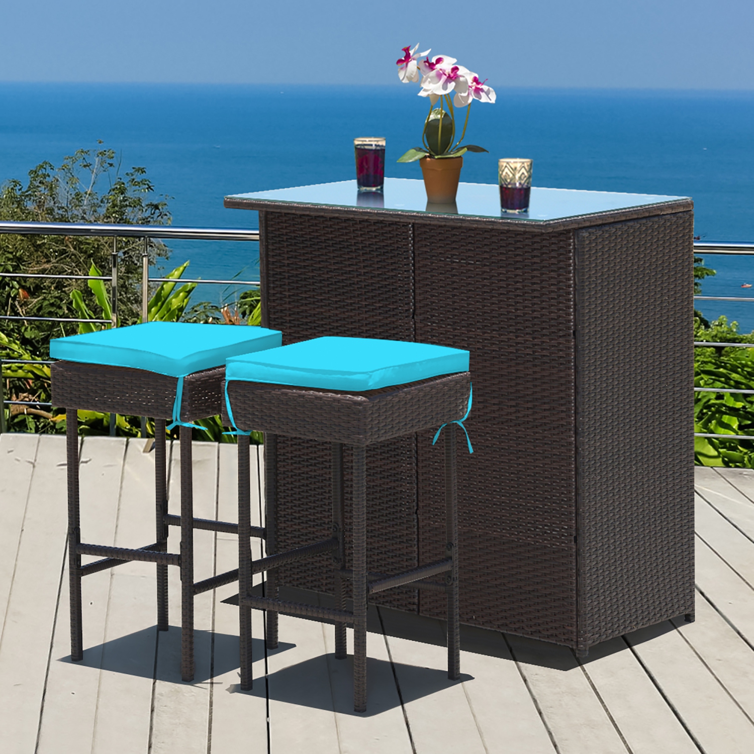 Costway 3PCS Patio Rattan Wicker Bar Table Stools Dining Set Cushioned Chairs Turquoise